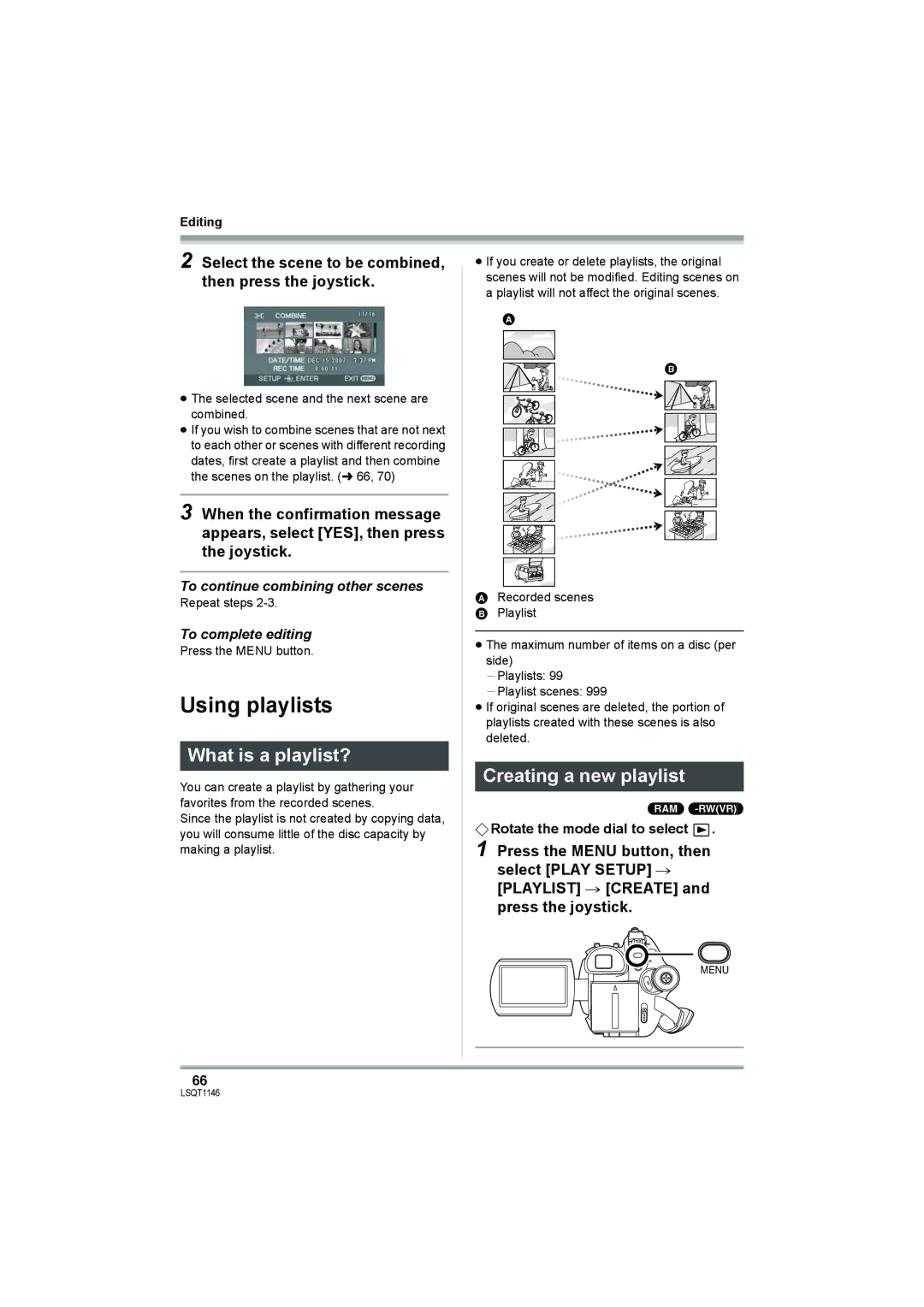 Panasonic VDR-D220 Using playlists, What is a playlist?, Creating a new playlist, To continue combining other scenes 