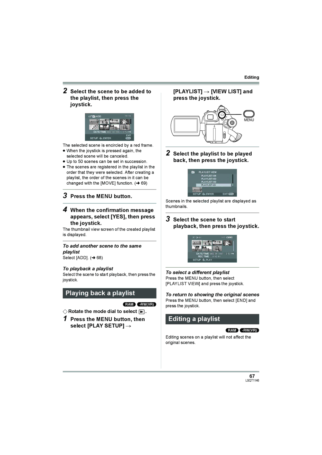 Panasonic VDR-D220 operating instructions Playing back a playlist, Editing a playlist 