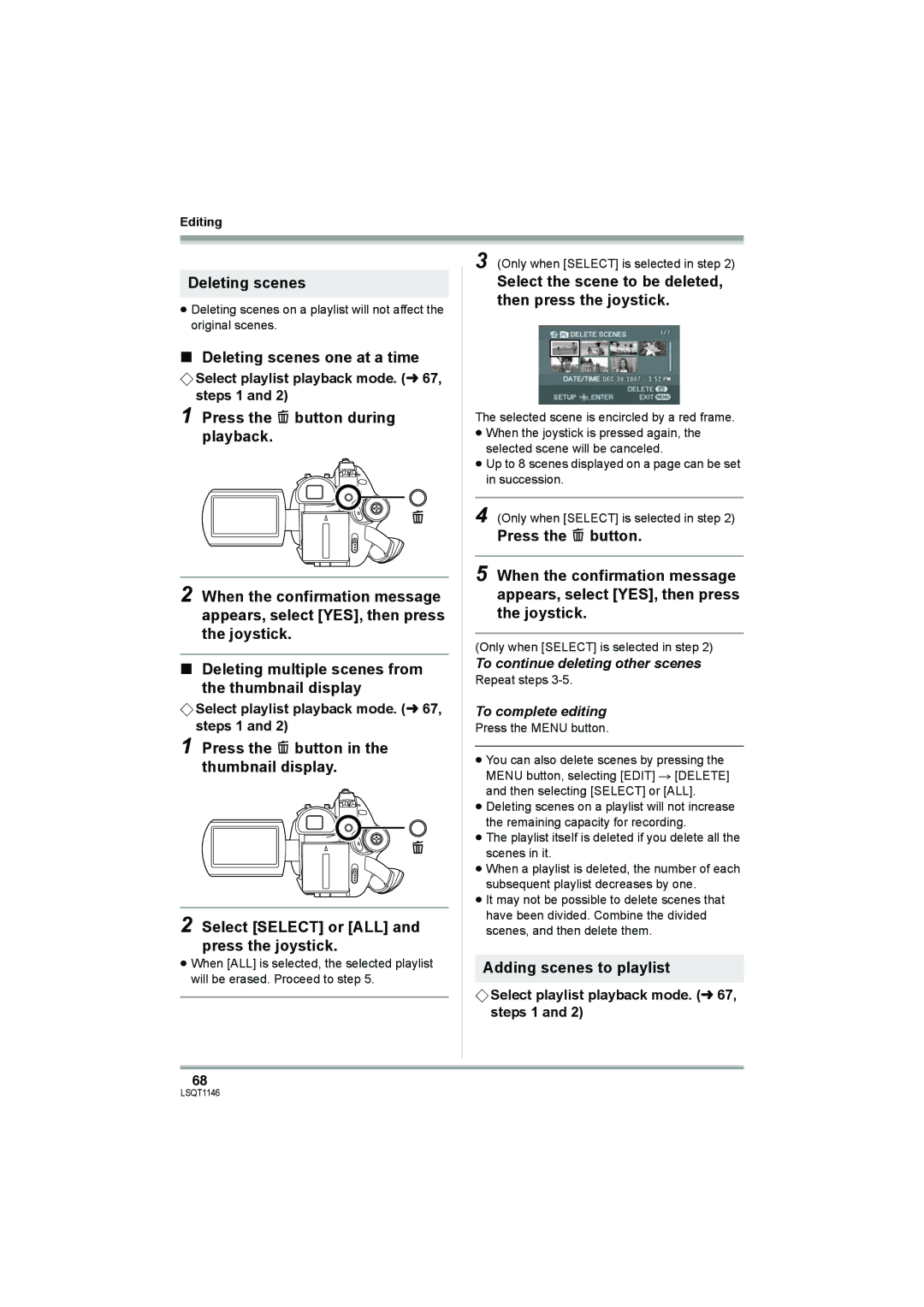 Panasonic VDR-D220 operating instructions Deleting scenes, Adding scenes to playlist 