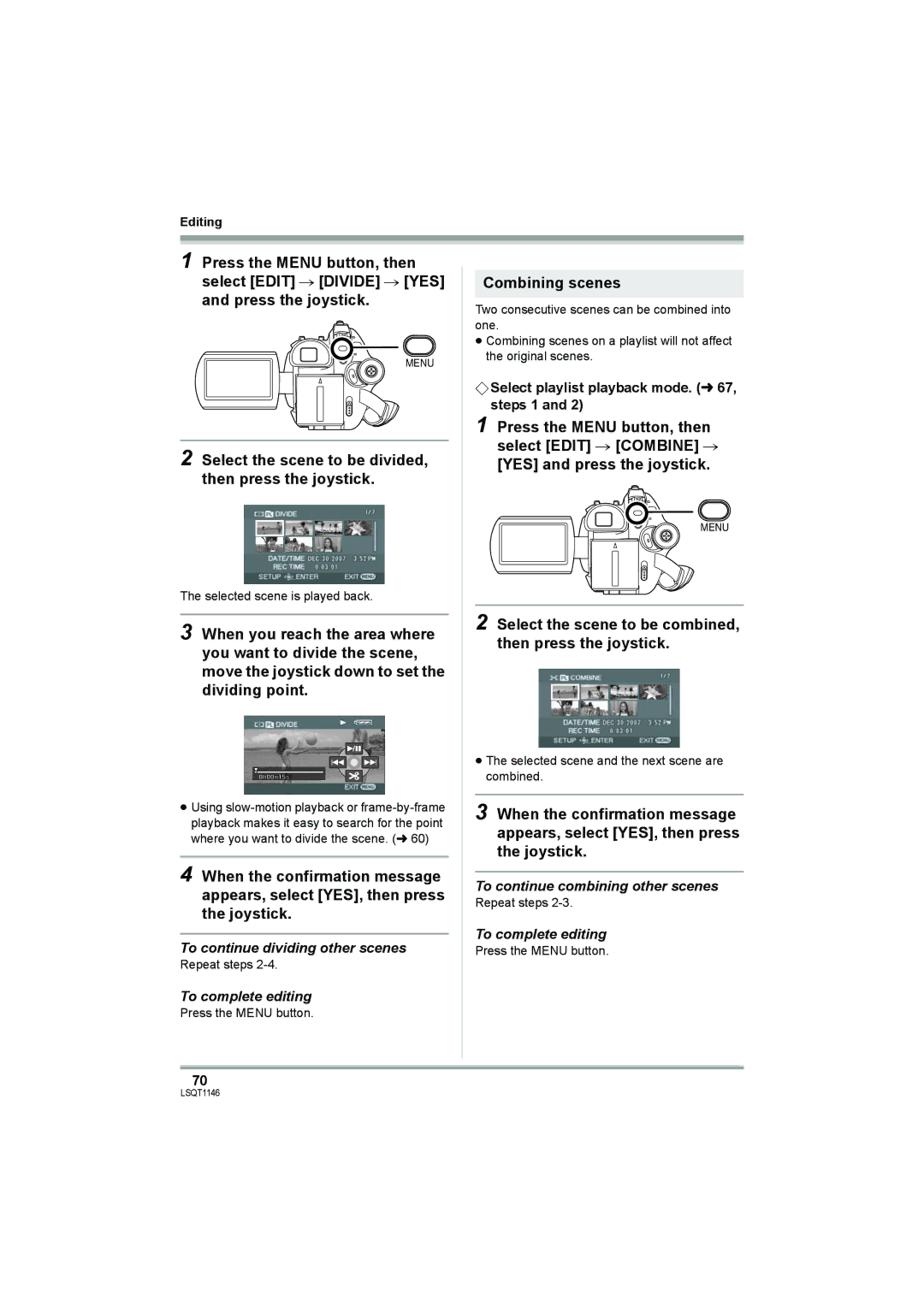 Panasonic VDR-D220 operating instructions Select the scene to be divided, then press the joystick, Combining scenes 