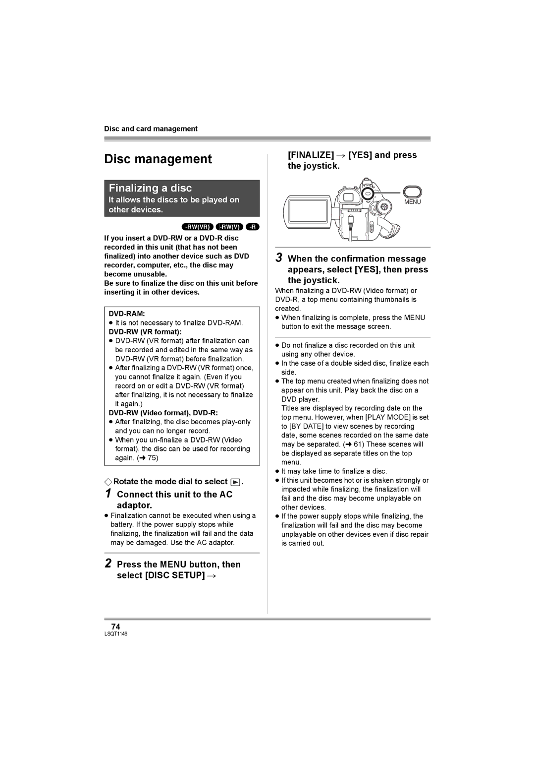 Panasonic VDR-D220 operating instructions Disc management, Finalizing a disc, Connect this unit to the AC adaptor 