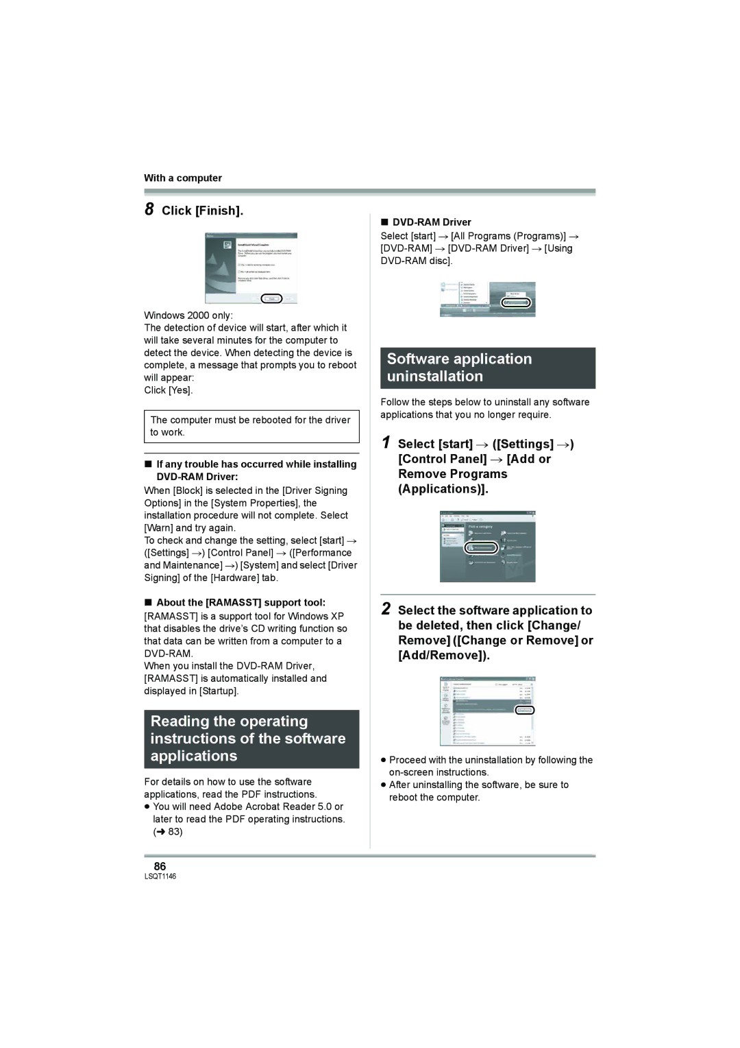 Panasonic VDR-D220 operating instructions Software application uninstallation, Click Finish, DVD-RAM Driver 