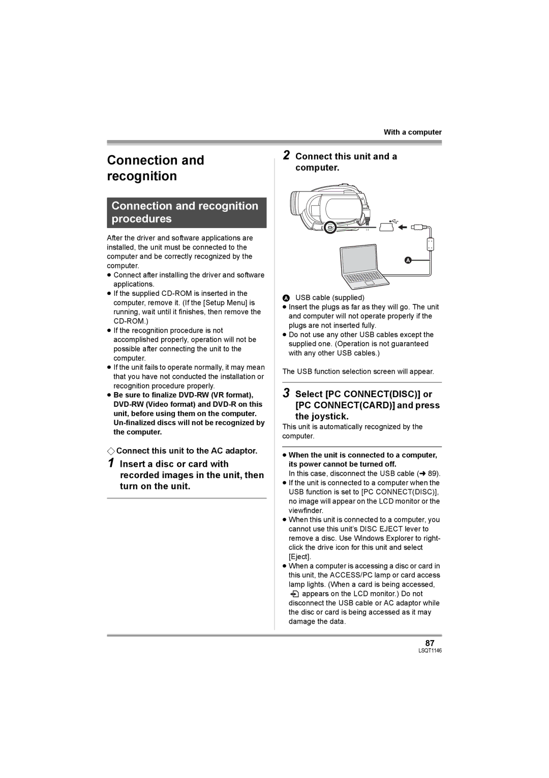 Panasonic VDR-D220 operating instructions Connection and recognition procedures 