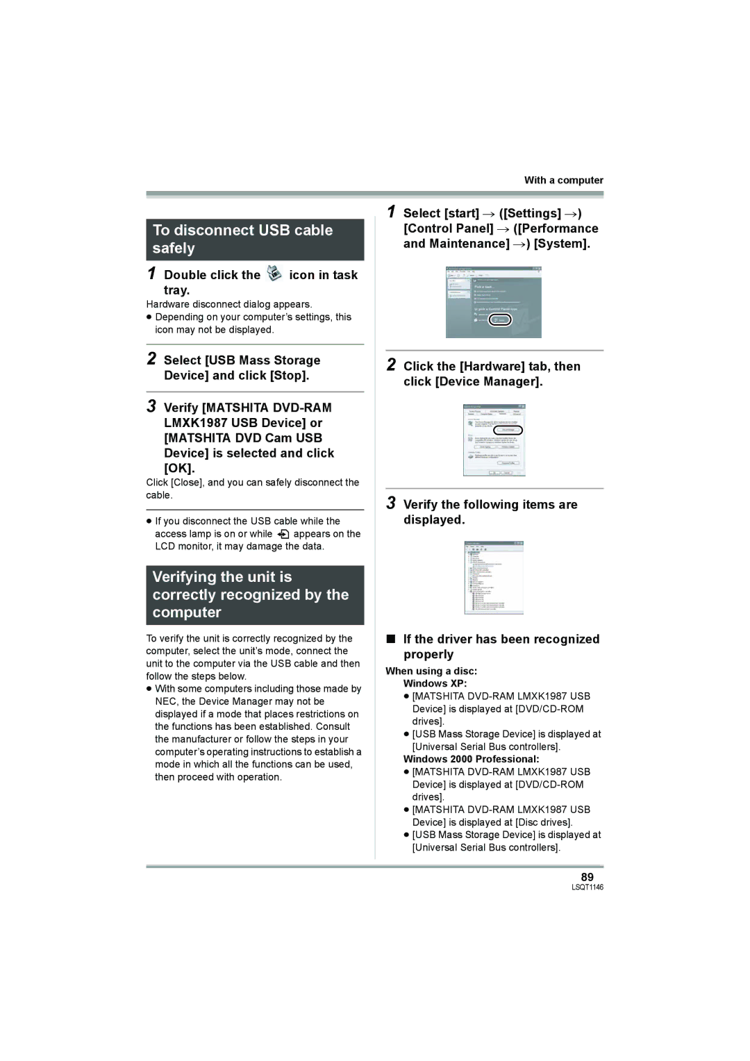 Panasonic VDR-D220 To disconnect USB cable safely, Verifying the unit is correctly recognized by the computer 