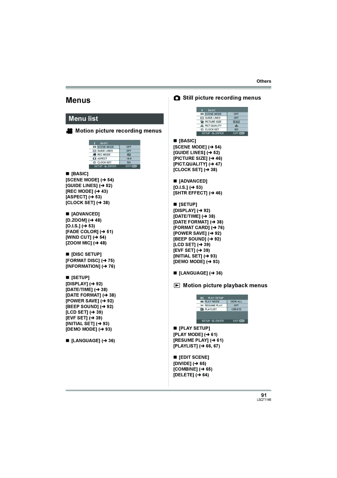 Panasonic VDR-D220 operating instructions Menus, Menu list, Motion picture recording menus, Still picture recording menus 