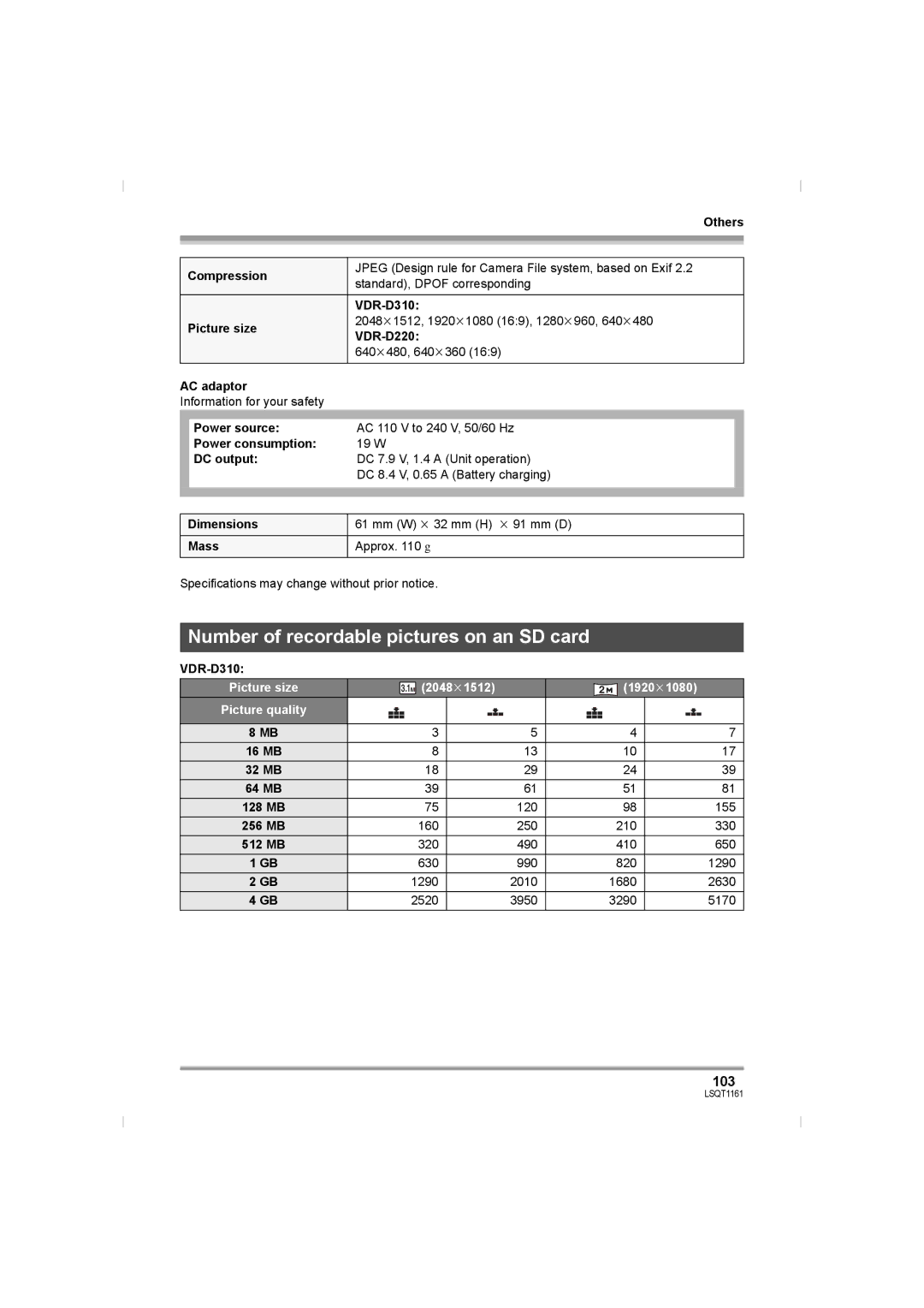 Panasonic VDR-D310GN, VDR-D220GN Number of recordable pictures on an SD card, Power consumption, DC output 