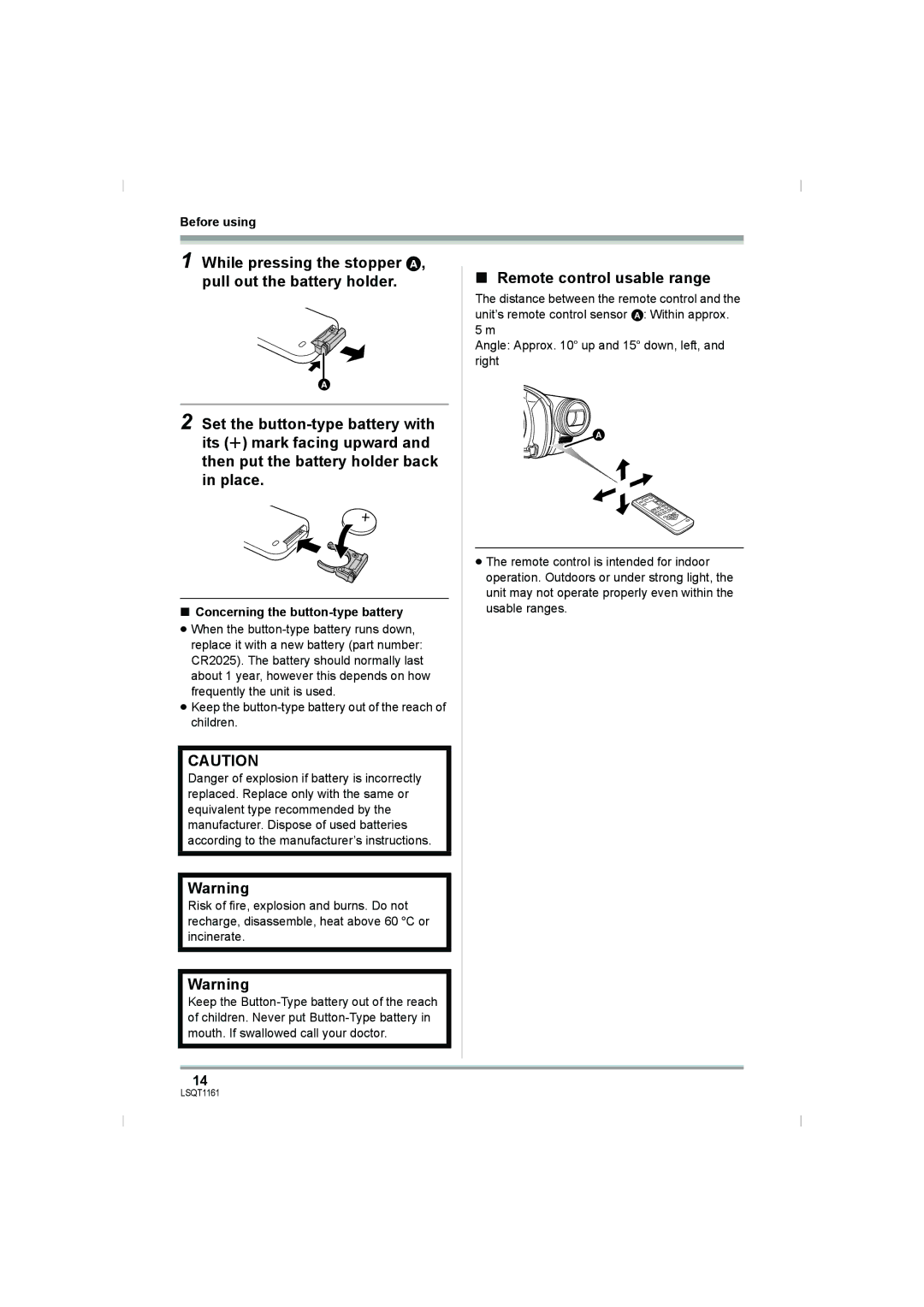 Panasonic VDR-D220GN, VDR-D310GN operating instructions Remote control usable range, Concerning the button-type battery 