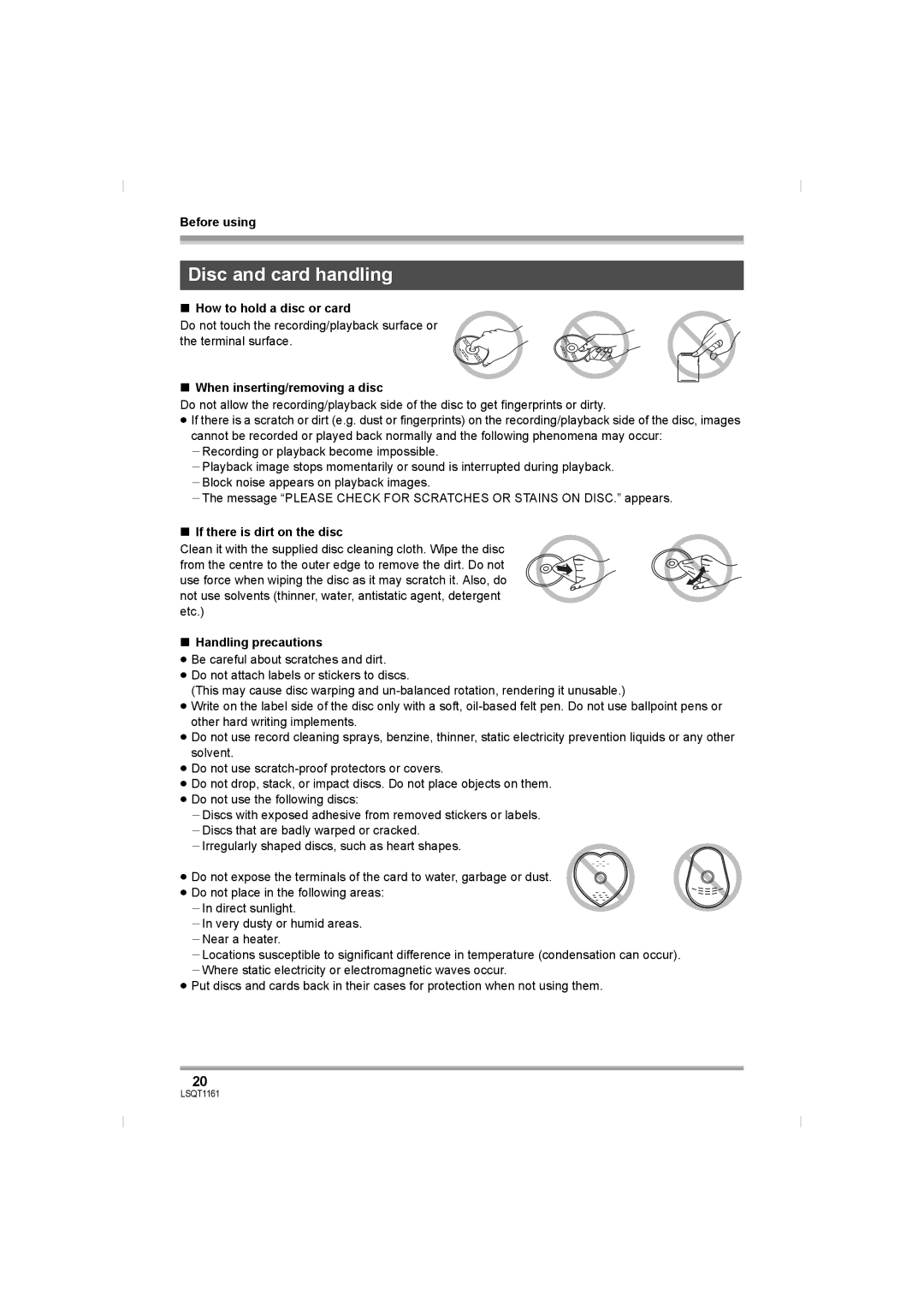 Panasonic VDR-D220GN, VDR-D310GN Disc and card handling, How to hold a disc or card, When inserting/removing a disc 