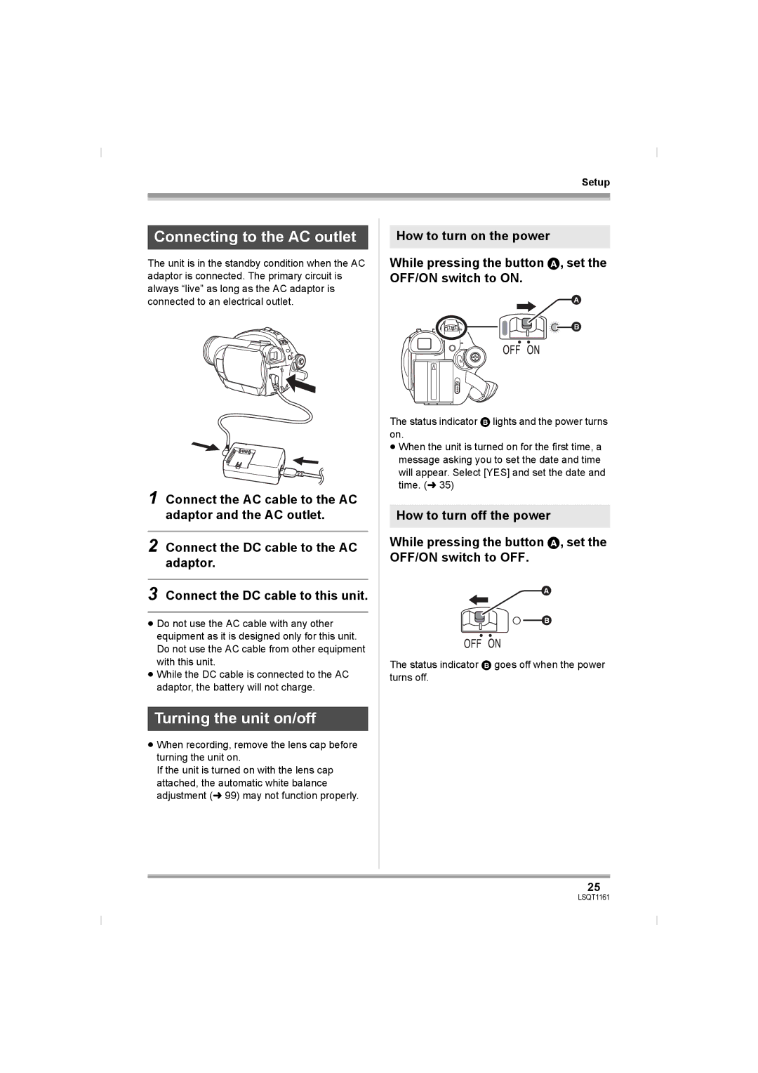 Panasonic VDR-D310GN, VDR-D220GN operating instructions Connecting to the AC outlet, Turning the unit on/off 