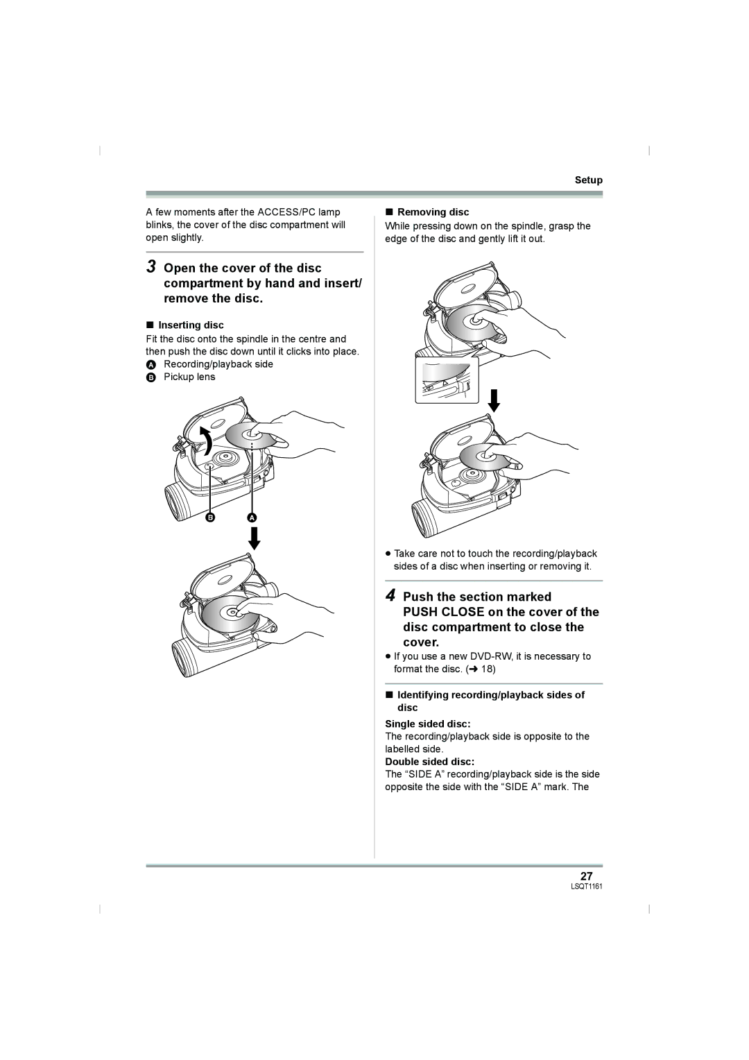 Panasonic VDR-D310GN, VDR-D220GN operating instructions Inserting disc, Removing disc, Double sided disc 