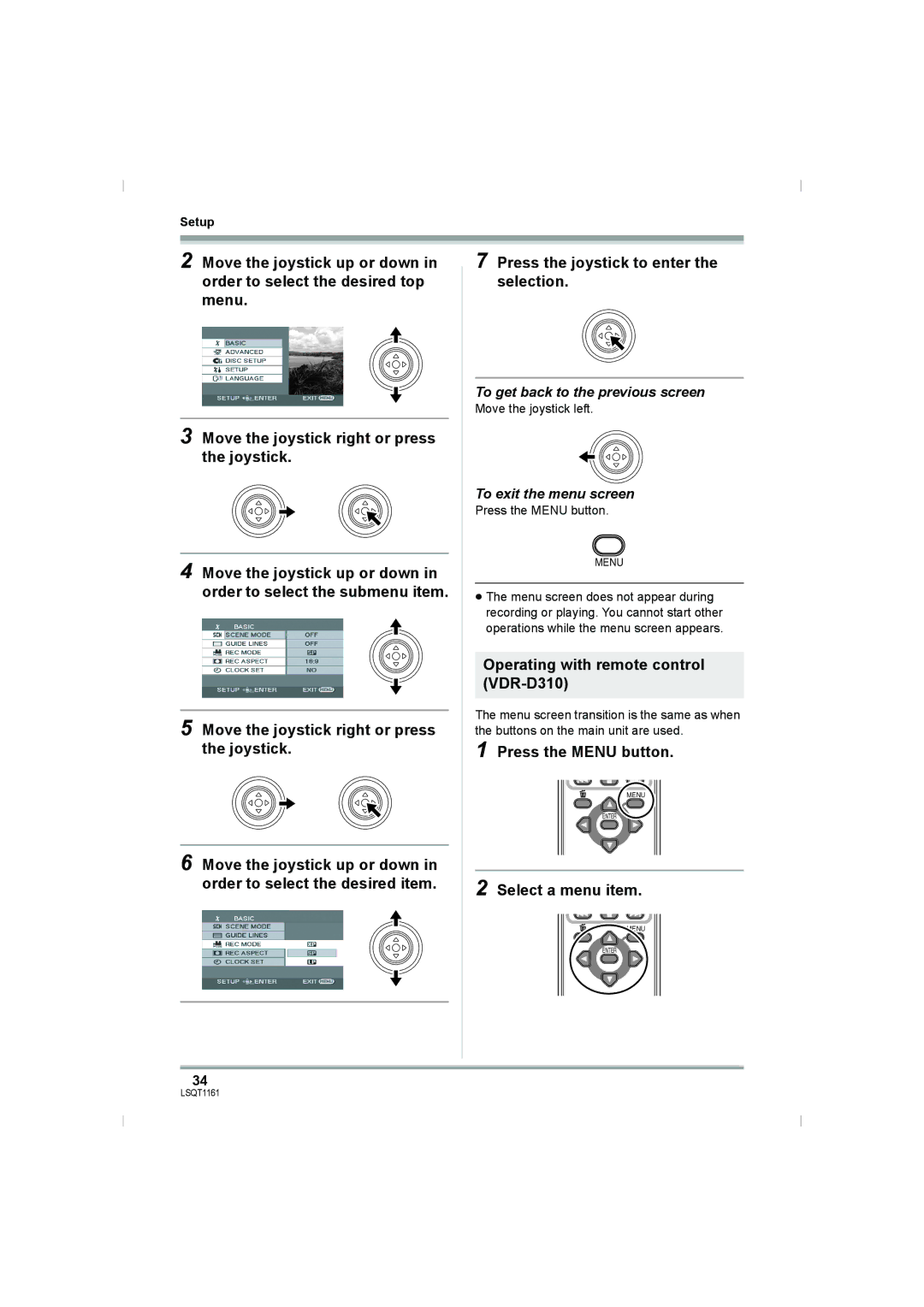 Panasonic VDR-D220GN, VDR-D310GN Operating with remote control VDR-D310, Press the Menu button, Select a menu item 