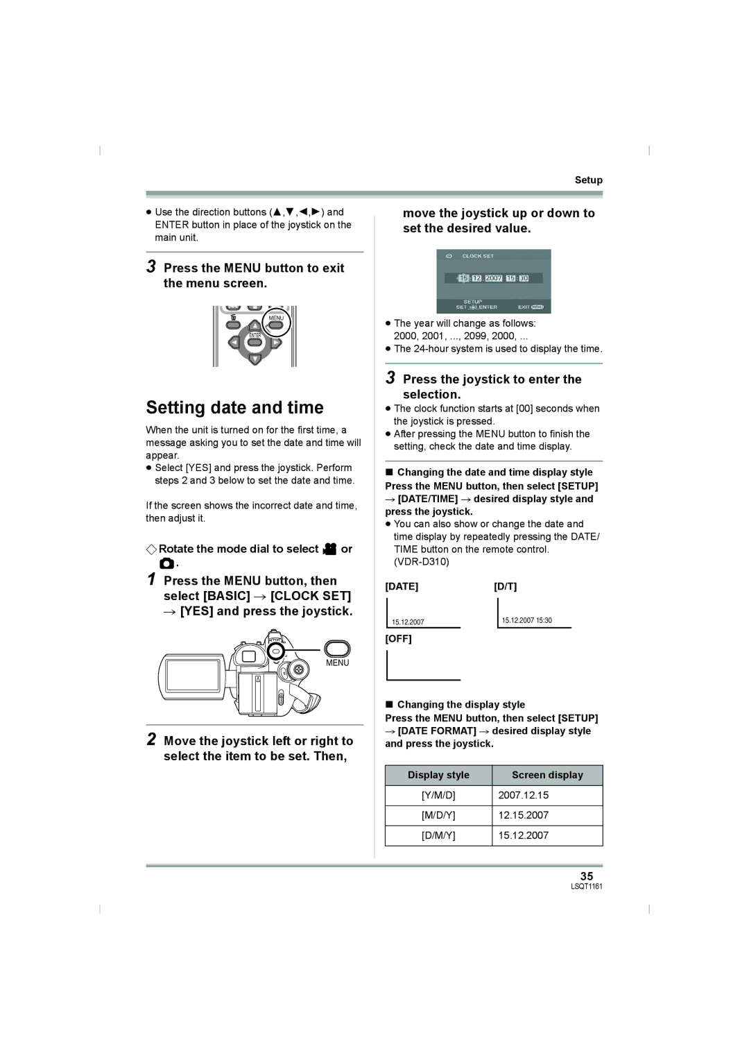 Panasonic VDR-D310GN, VDR-D220GN Setting date and time, Press the Menu button to exit the menu screen, Dated/T, Off 