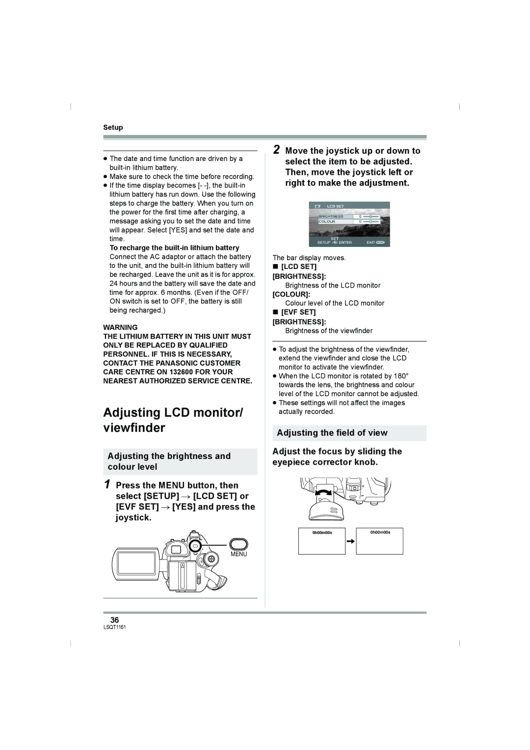 Panasonic VDR-D220GN, VDR-D310GN Adjusting LCD monitor/ viewfinder, LCD SET Brightness, Colour, EVF SET Brightness 