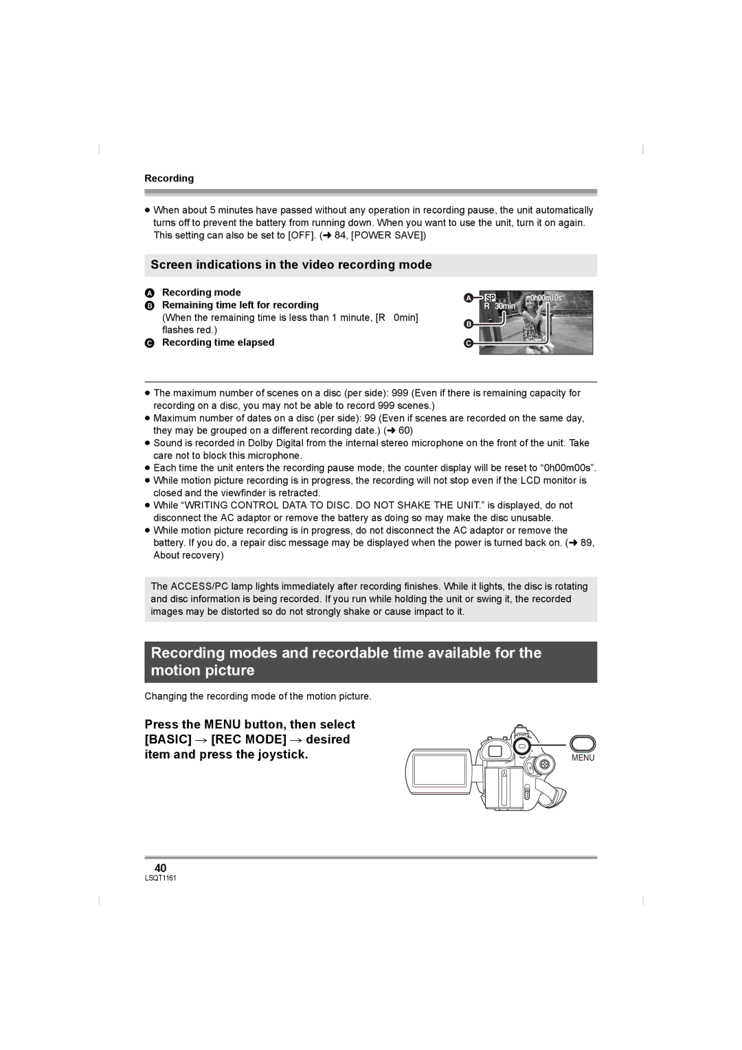 Panasonic VDR-D220GN Screen indications in the video recording mode, Recording mode Remaining time left for recording 