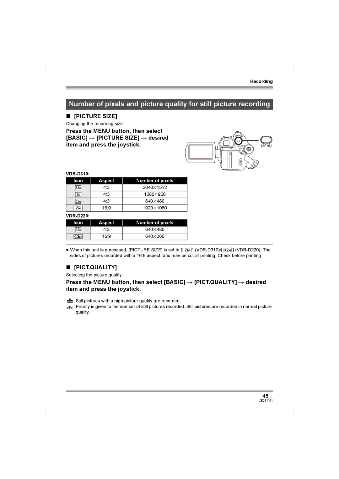 Panasonic VDR-D310GN, VDR-D220GN operating instructions Changing the recording size, Icon Aspect Number of pixels 