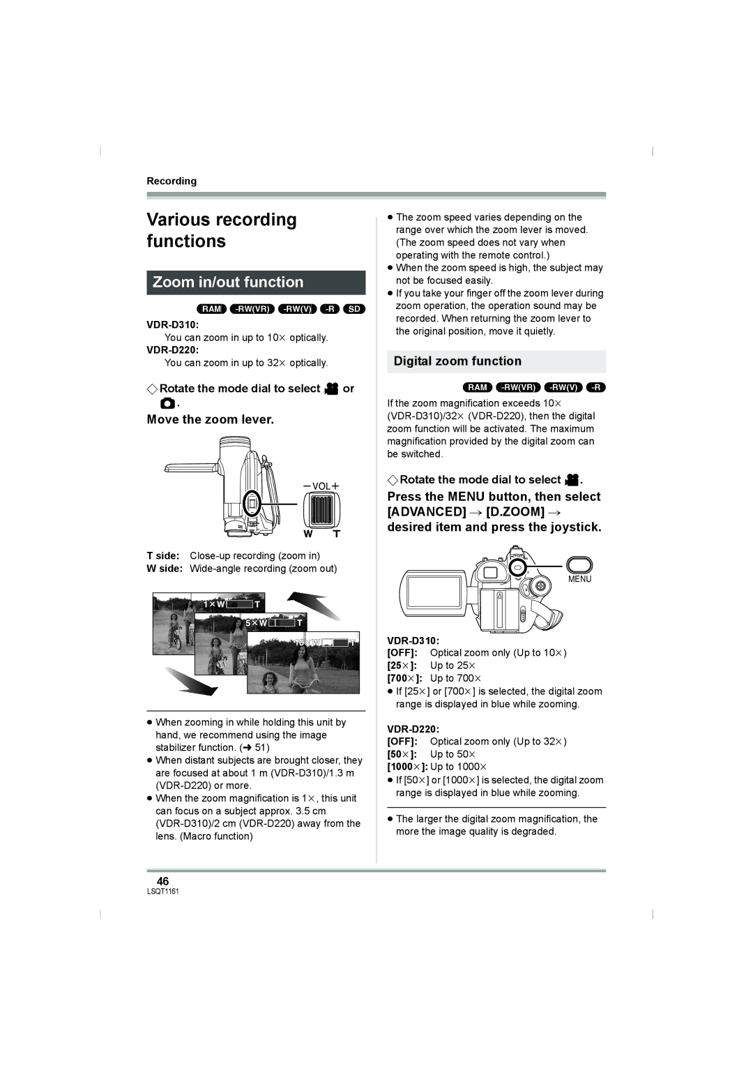 Panasonic VDR-D220GN, VDR-D310GN operating instructions Zoom in/out function, Move the zoom lever, Digital zoom function 