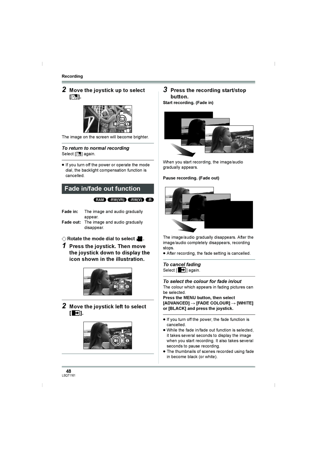 Panasonic VDR-D220GN Fade in/fade out function, Move the joystick up to select ª, Move the joystick left to select 