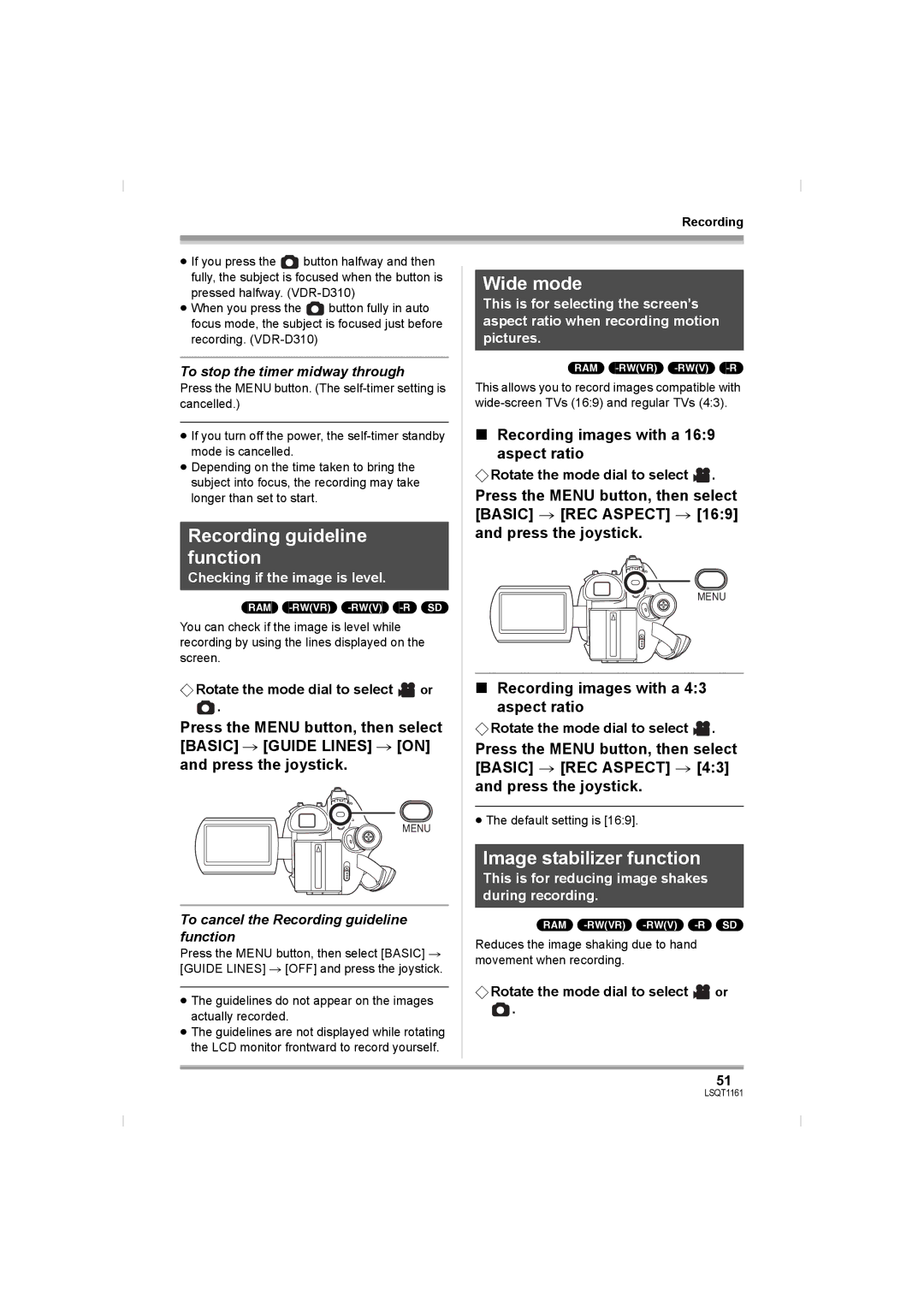 Panasonic VDR-D310GN, VDR-D220GN operating instructions Recording guideline function, Wide mode, Image stabilizer function 