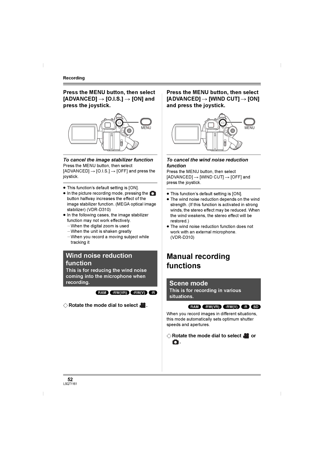 Panasonic VDR-D220GN, VDR-D310GN Wind noise reduction function, Scene mode, To cancel the image stabilizer function 