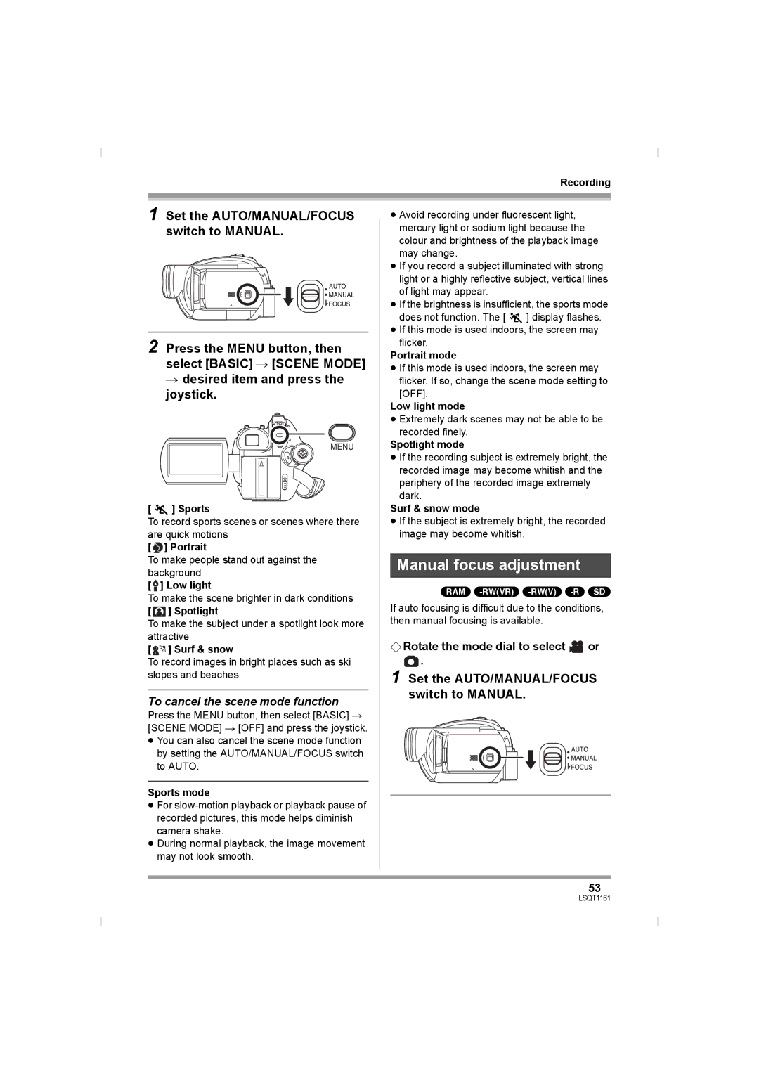 Panasonic VDR-D310GN, VDR-D220GN operating instructions Manual focus adjustment, Set the AUTO/MANUAL/FOCUS switch to Manual 