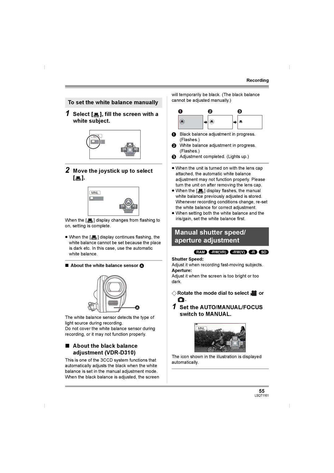 Panasonic VDR-D310GN Manual shutter speed/ aperture adjustment, About the black balance adjustment VDR-D310, Shutter Speed 