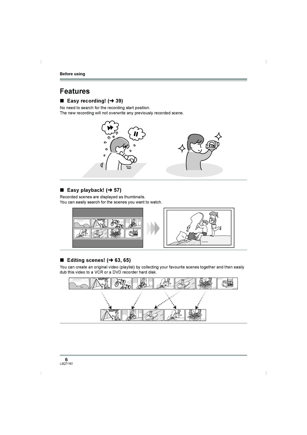 Panasonic VDR-D220GN, VDR-D310GN Features, Easy recording! l39, Easy playback! l, Editing scenes! l63, Before using 