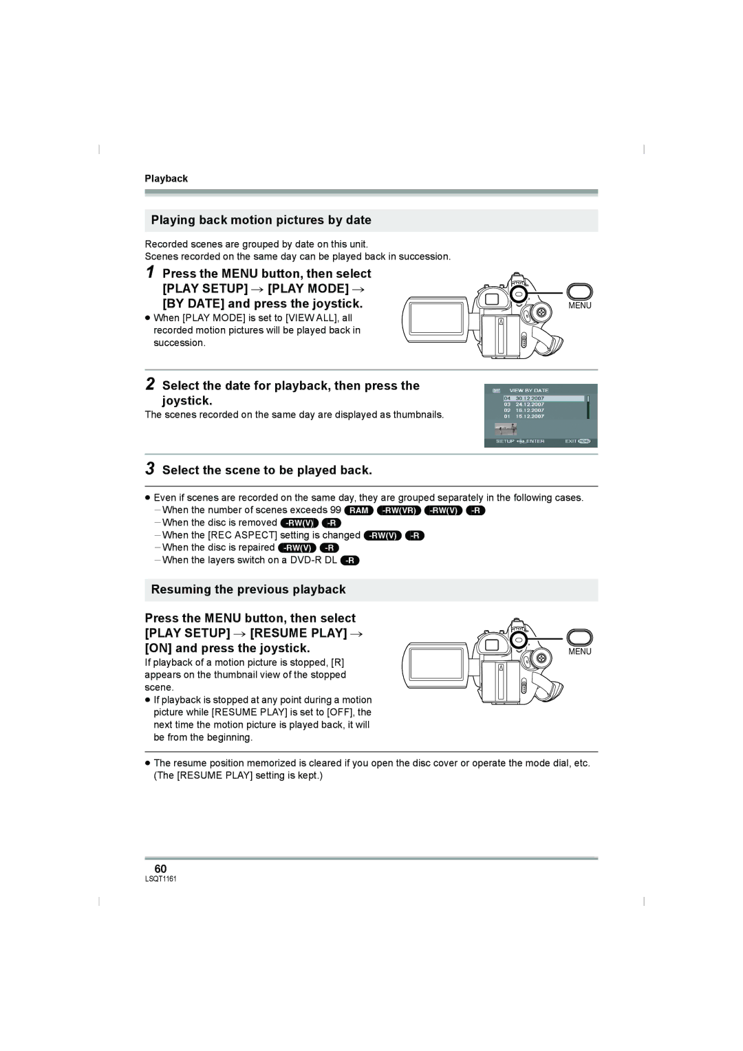 Panasonic VDR-D220GN, VDR-D310GN Playing back motion pictures by date, Press the Menu button, then select 