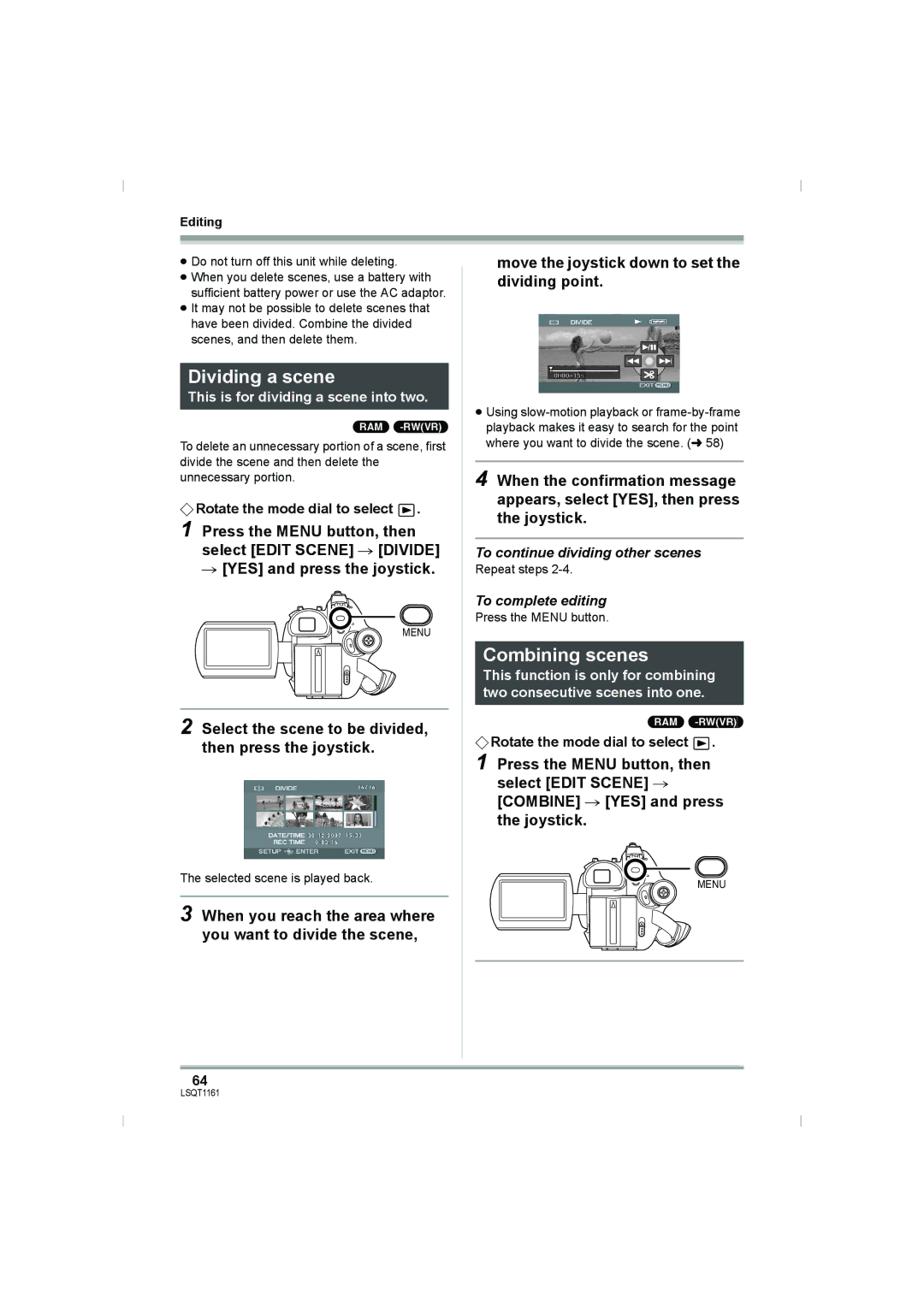 Panasonic VDR-D220GN Dividing a scene, Combining scenes, Select the scene to be divided, then press the joystick 