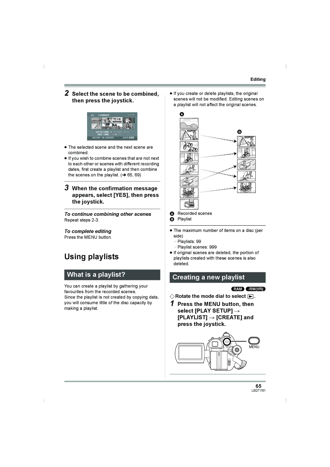 Panasonic VDR-D310GN Using playlists, What is a playlist?, Creating a new playlist, To continue combining other scenes 