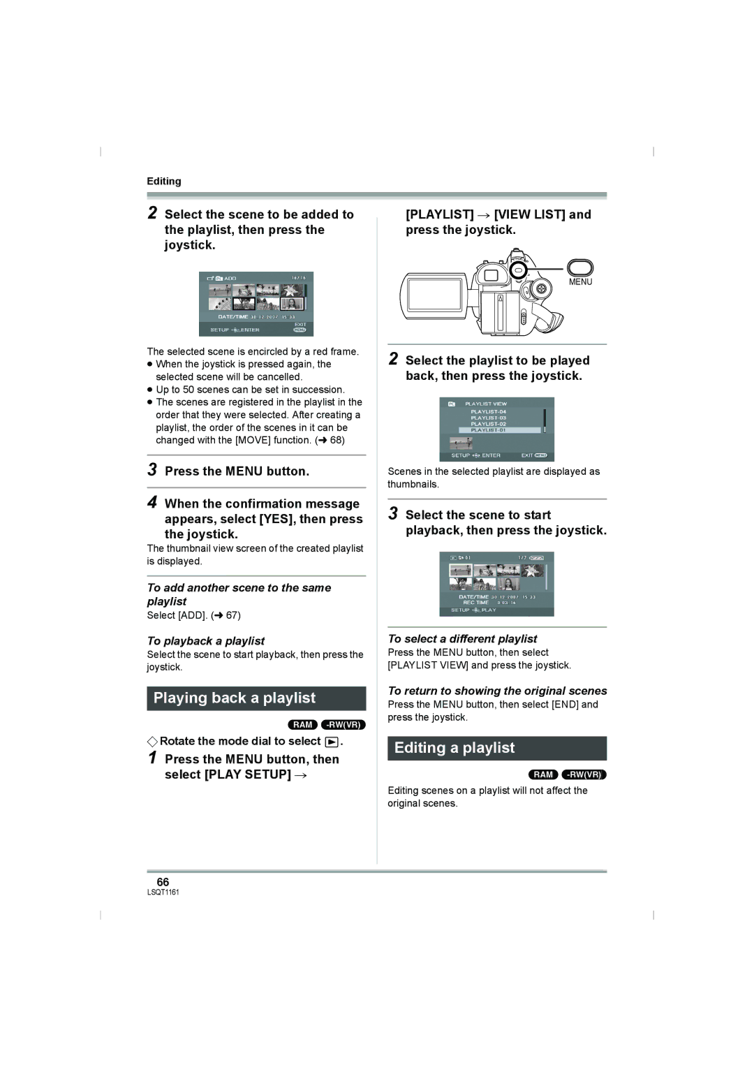 Panasonic VDR-D220GN, VDR-D310GN operating instructions Playing back a playlist, Editing a playlist 