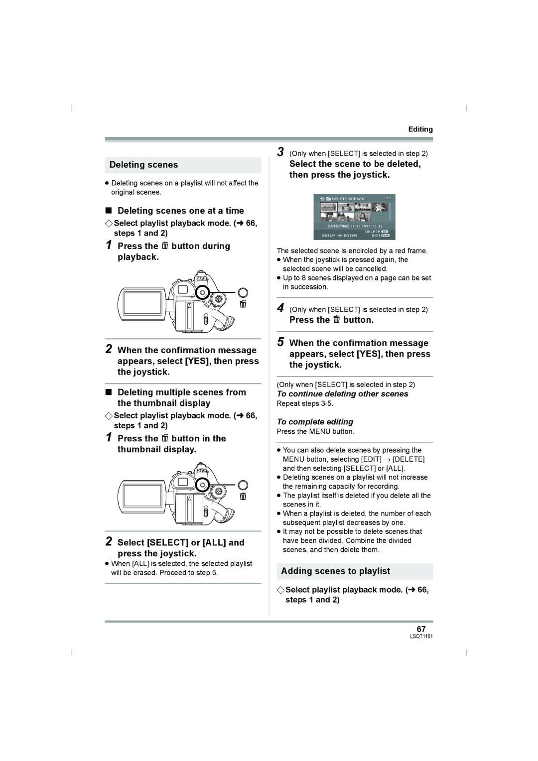 Panasonic VDR-D310GN, VDR-D220GN operating instructions Deleting scenes, Adding scenes to playlist 