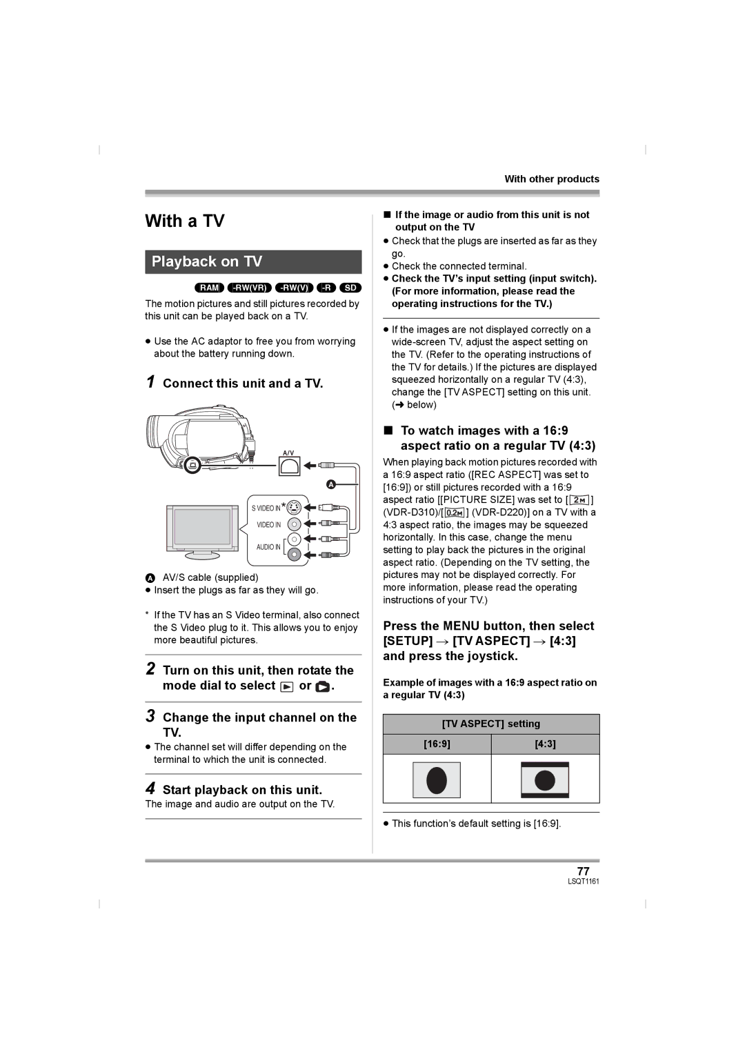 Panasonic VDR-D310GN, VDR-D220GN With a TV, Playback on TV, Connect this unit and a TV, Start playback on this unit 