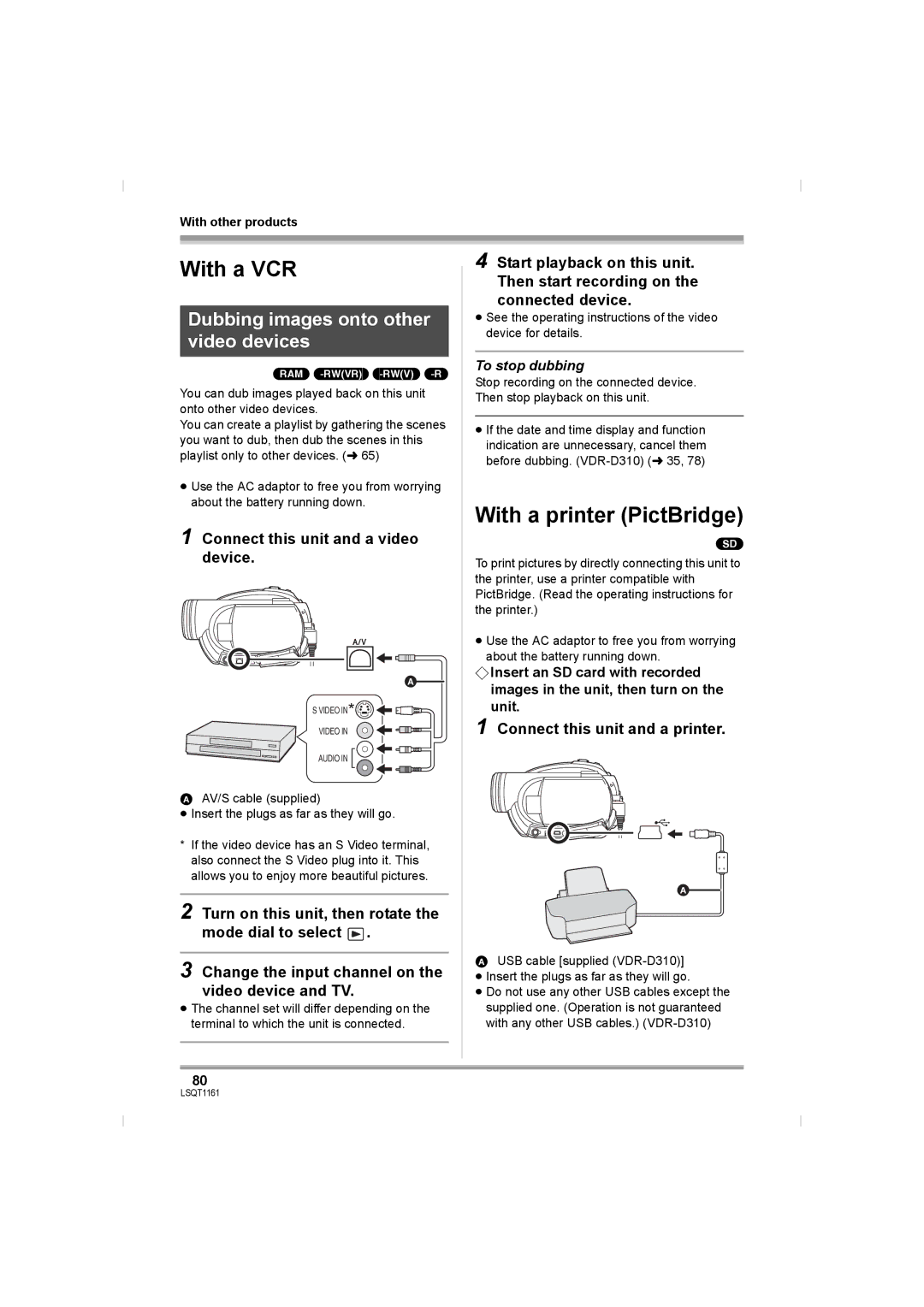 Panasonic VDR-D220GN, VDR-D310GN With a VCR, With a printer PictBridge, Dubbing images onto other video devices 