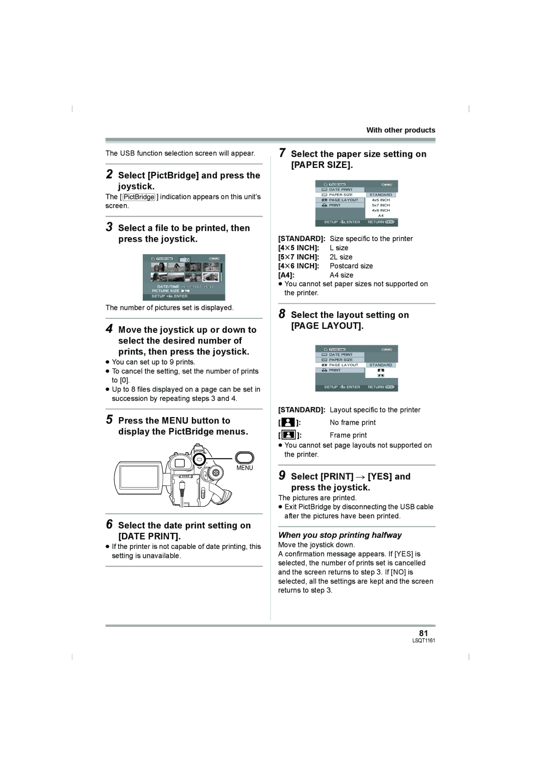 Panasonic VDR-D310GN Select PictBridge and press the joystick, Select a file to be printed, then press the joystick 