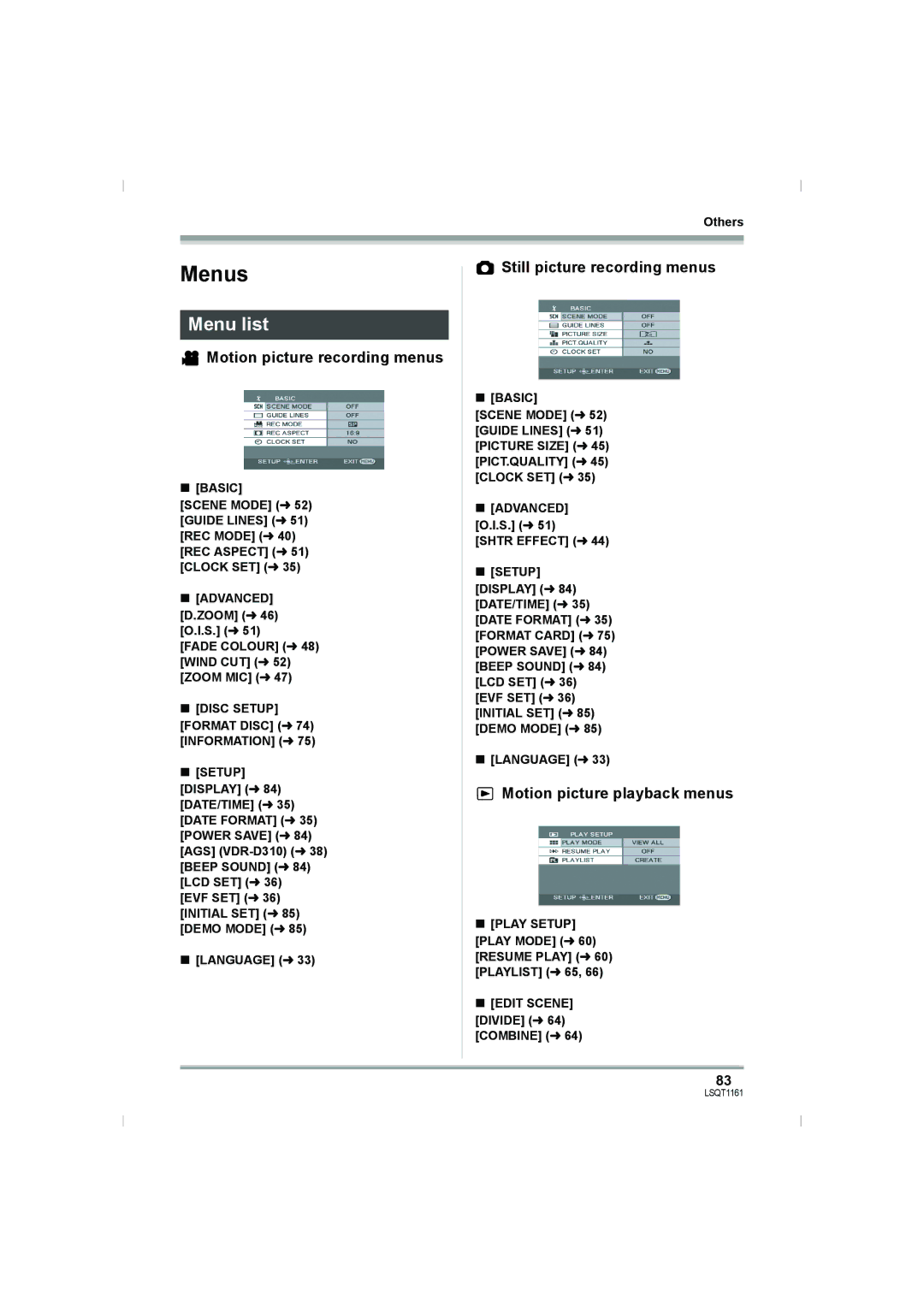 Panasonic VDR-D310GN, VDR-D220GN Menus, Menu list, Motion picture recording menus, Still picture recording menus 