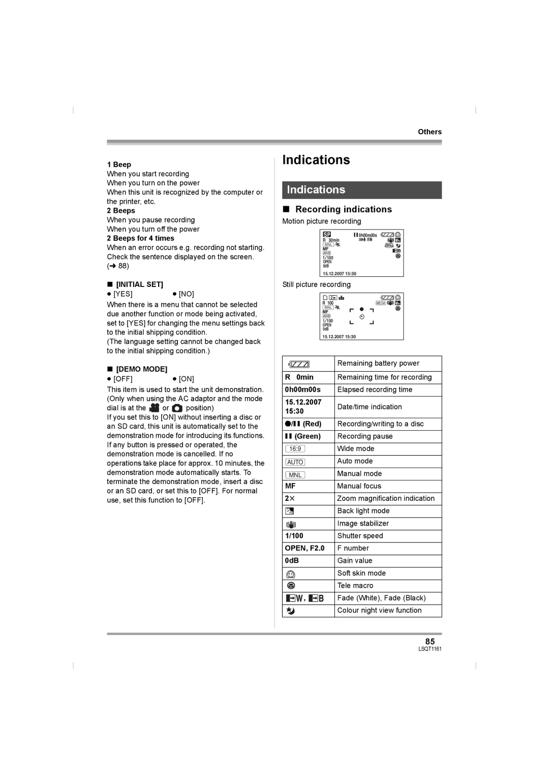 Panasonic VDR-D310GN, VDR-D220GN operating instructions Indications, Recording indications, Initial SET, Demo Mode 