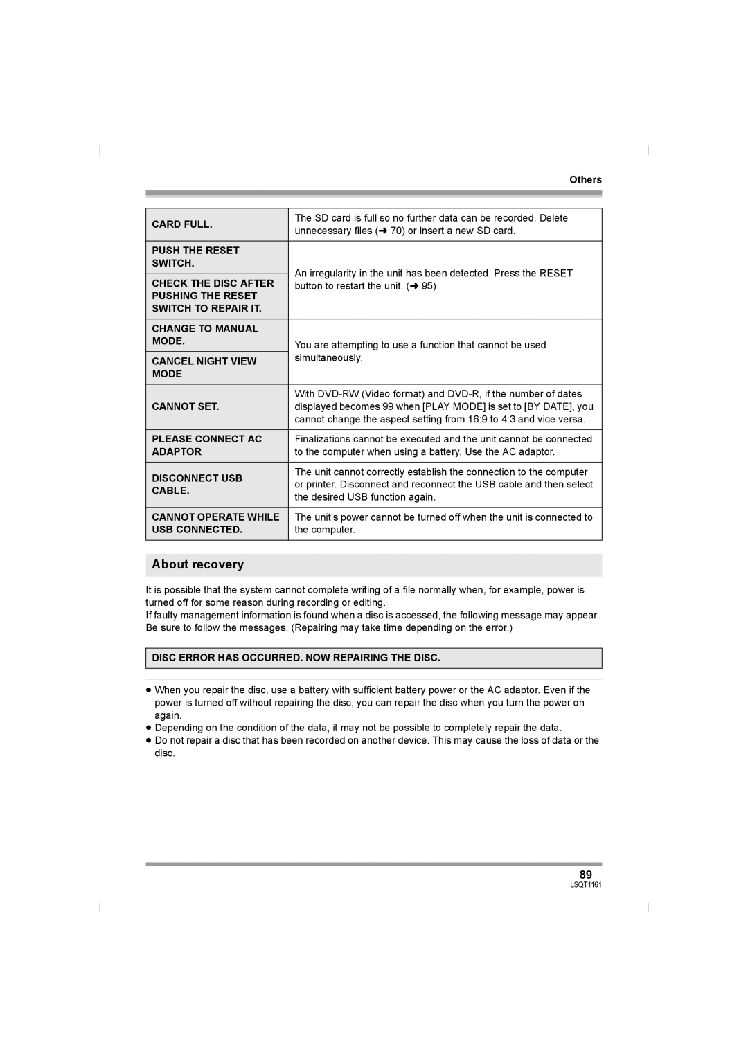 Panasonic VDR-D310GN, VDR-D220GN operating instructions About recovery 