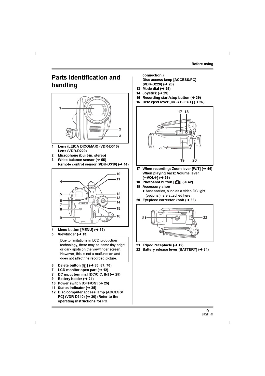 Panasonic VDR-D310GN, VDR-D220GN operating instructions Parts identification and handling 