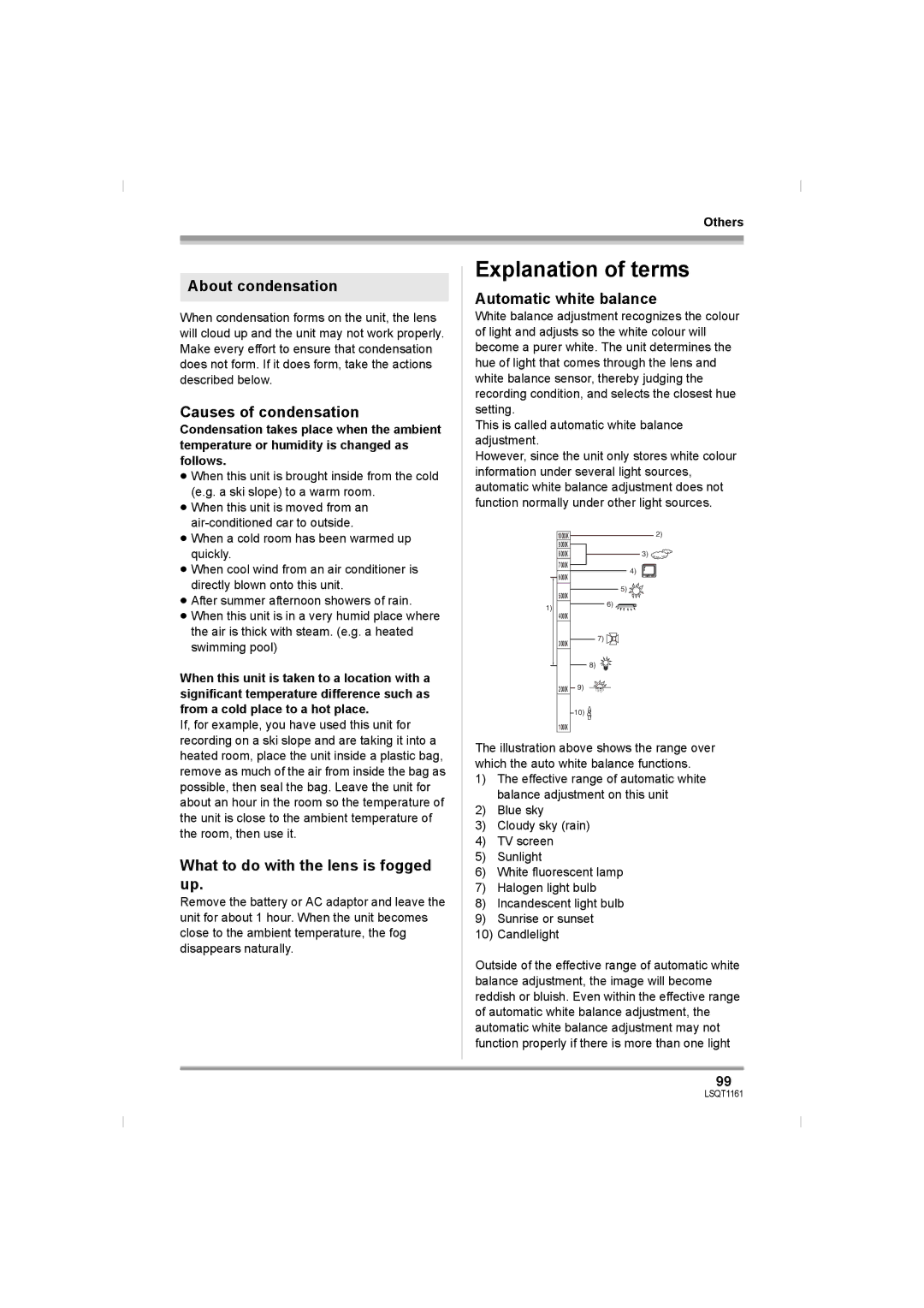 Panasonic VDR-D310GN, VDR-D220GN Explanation of terms, About condensation, Causes of condensation, Automatic white balance 