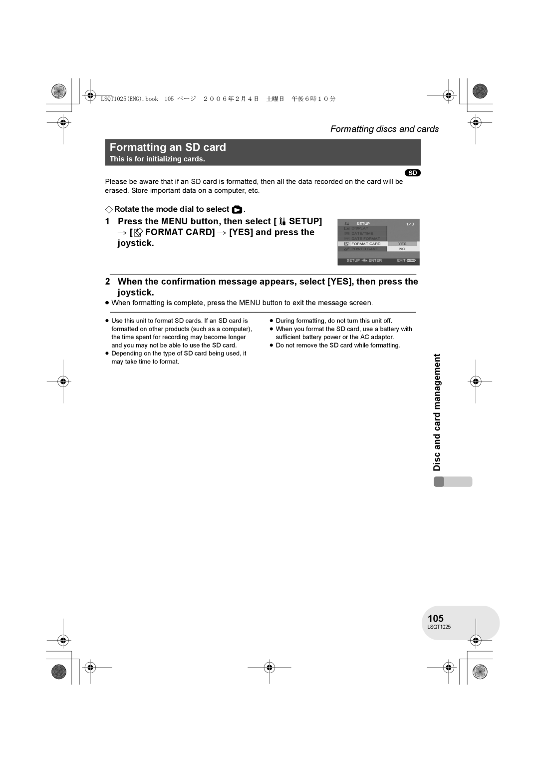 Panasonic VDR-D300GN, VDR-D250GN operating instructions Formatting an SD card, 105 