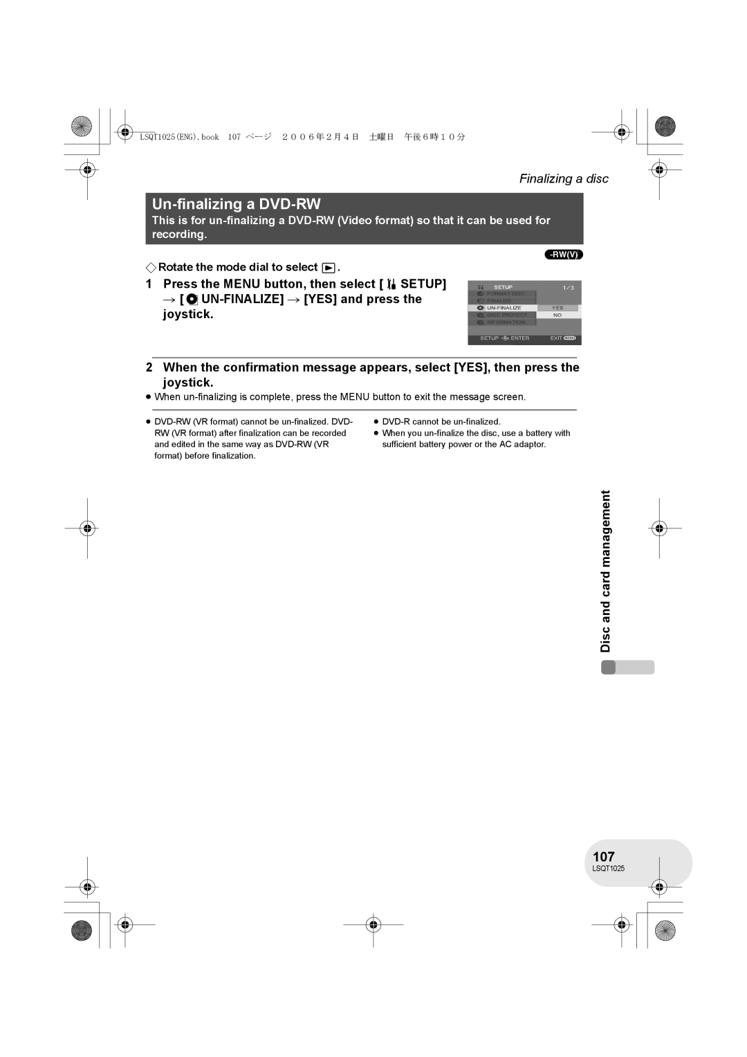 Panasonic VDR-D300GN, VDR-D250GN operating instructions Un-finalizing a DVD-RW, 107 