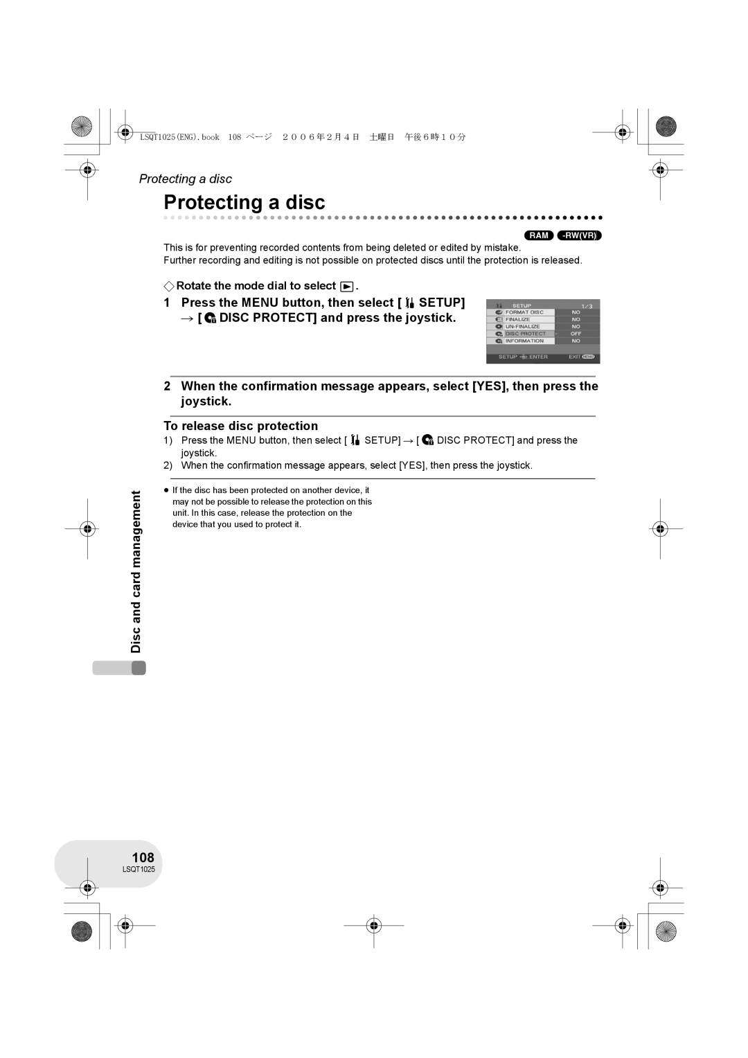 Panasonic VDR-D250GN, VDR-D300GN operating instructions Protecting a disc, 108 