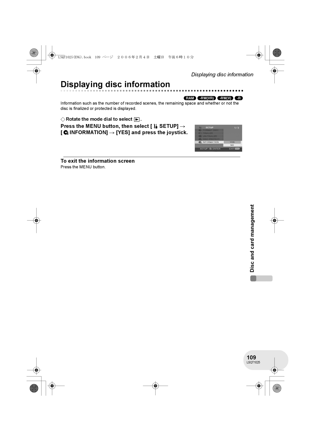 Panasonic VDR-D300GN, VDR-D250GN operating instructions Displaying disc information, 109 