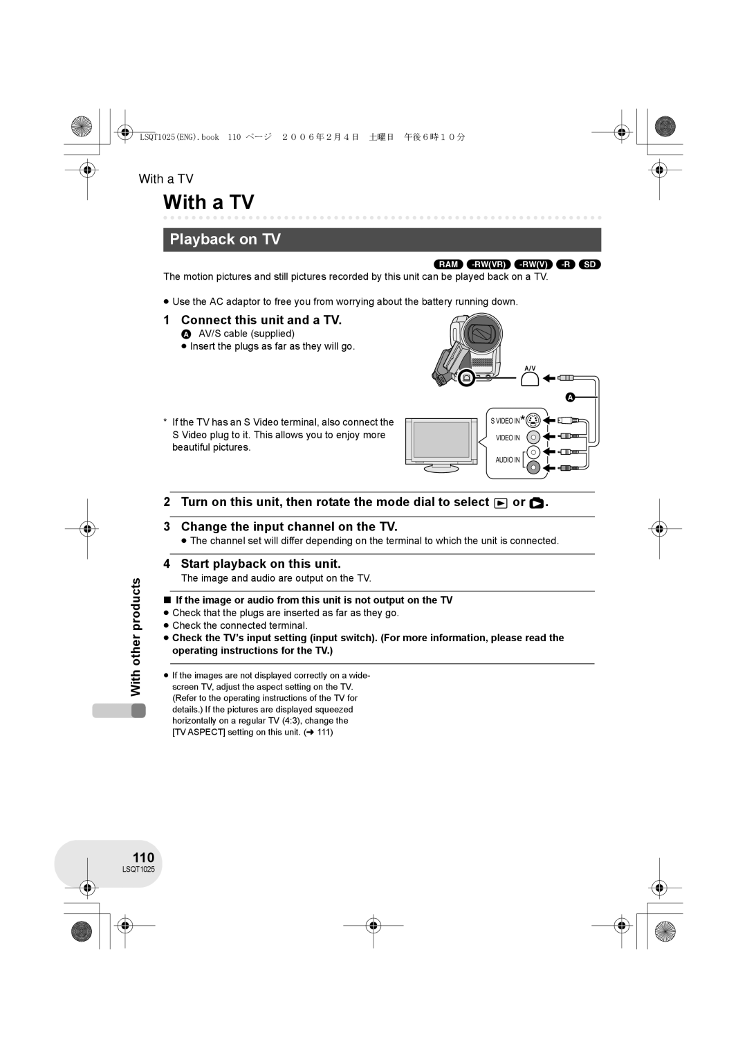 Panasonic VDR-D250GN, VDR-D300GN With a TV, Playback on TV, 110, Connect this unit and a TV, Start playback on this unit 