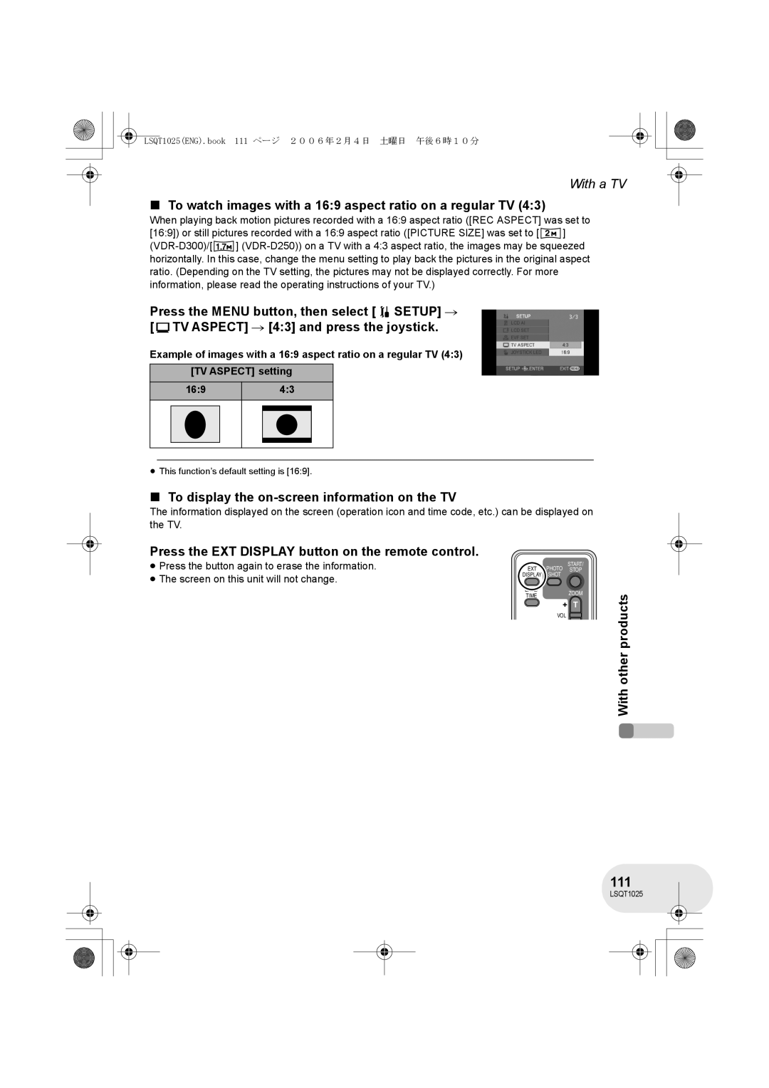 Panasonic VDR-D300GN, VDR-D250GN operating instructions 111, To watch images with a 169 aspect ratio on a regular TV 