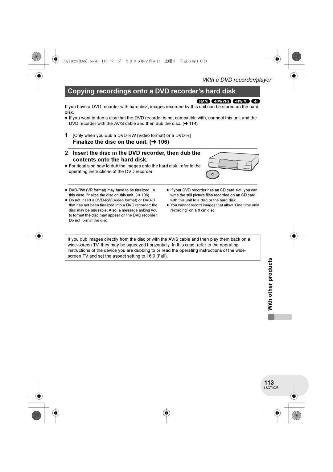 Panasonic VDR-D300GN, VDR-D250GN operating instructions Copying recordings onto a DVD recorder’s hard disk, 113 