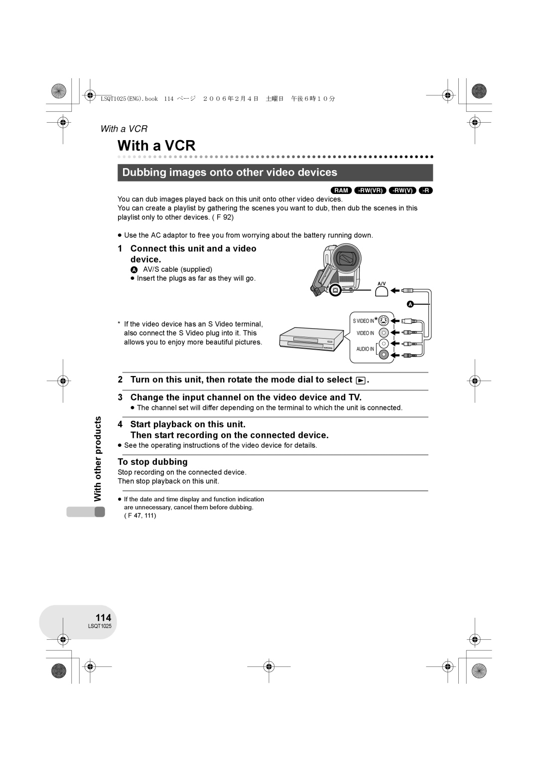 Panasonic VDR-D250GN With a VCR, Dubbing images onto other video devices, 114, Connect this unit and a video device 