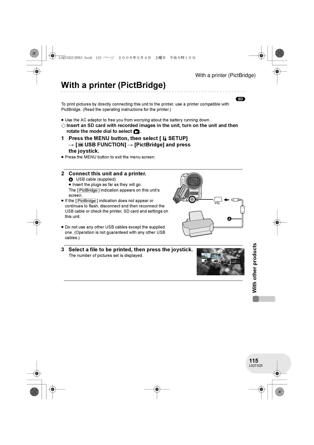 Panasonic VDR-D300GN, VDR-D250GN operating instructions With a printer PictBridge, 115, Connect this unit and a printer 