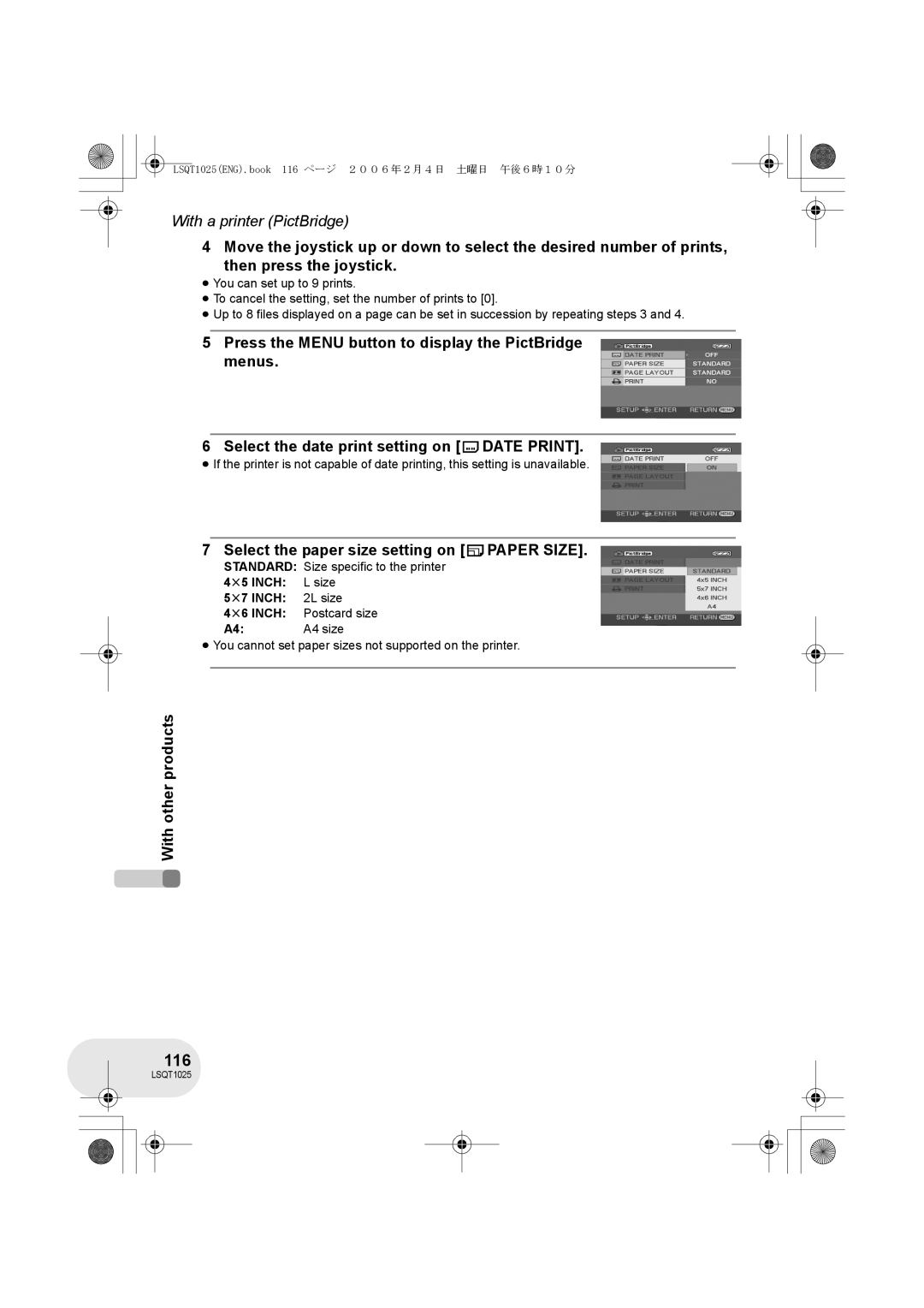 Panasonic VDR-D250GN, VDR-D300GN operating instructions 116, Select the paper size setting on Paper Size, Standard 