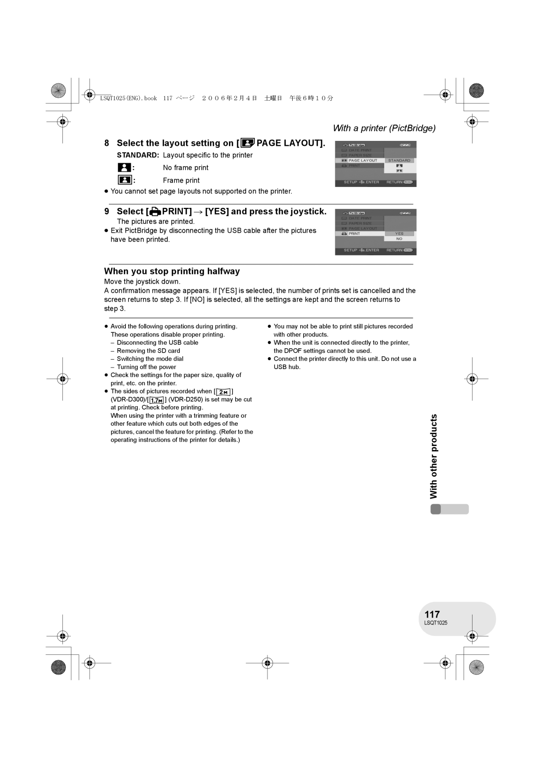 Panasonic VDR-D300GN, VDR-D250GN 117, Select the layout setting on page Layout, Select Print # YES and press the joystick 